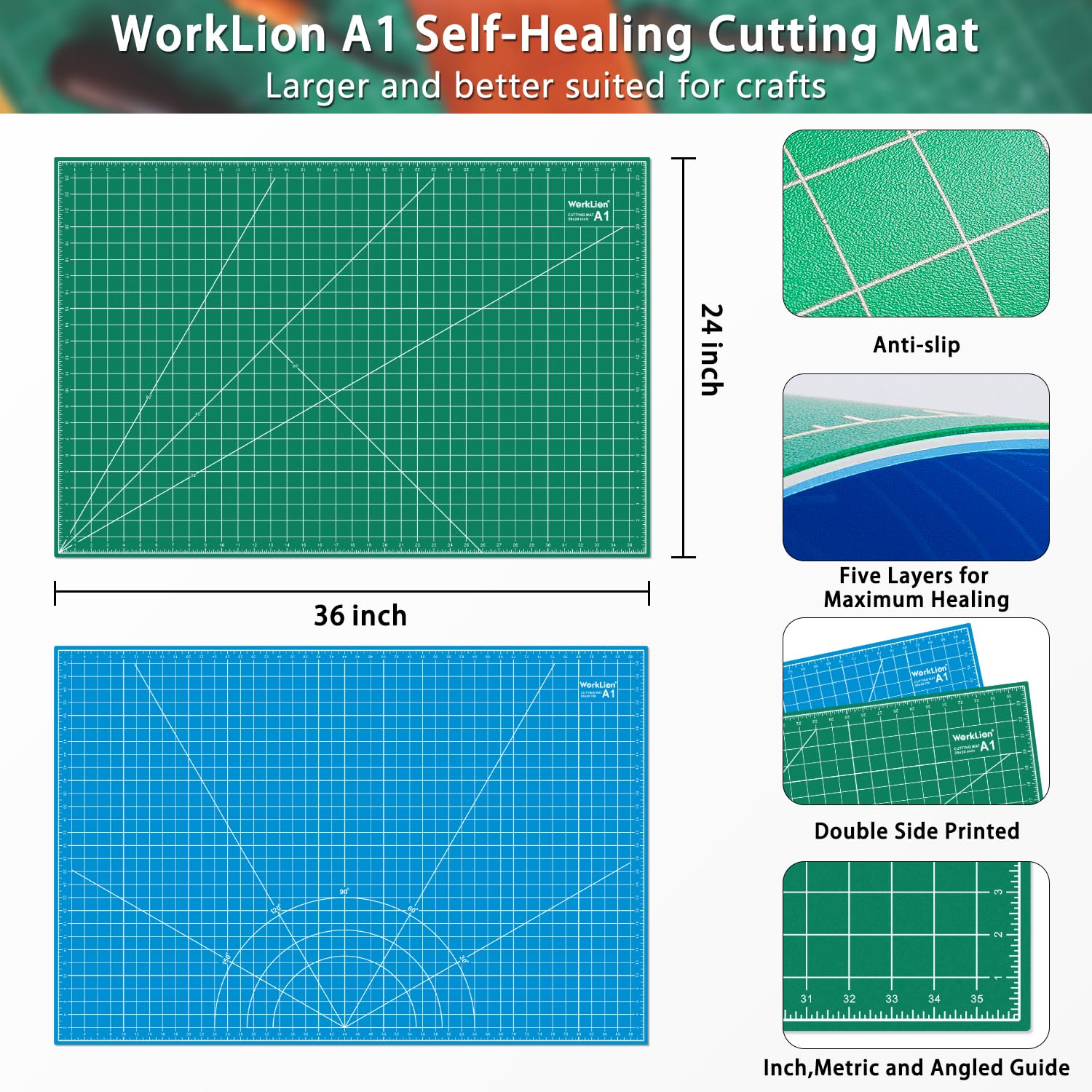 WORKLION Tapete de corte grande de PVC autorreparable de 24 x 36 pulgadas, tabla de cortar giratoria de doble cara, para manualidades, tela, acolchado, costura, álbumes de recortes, proyecto de arte..
