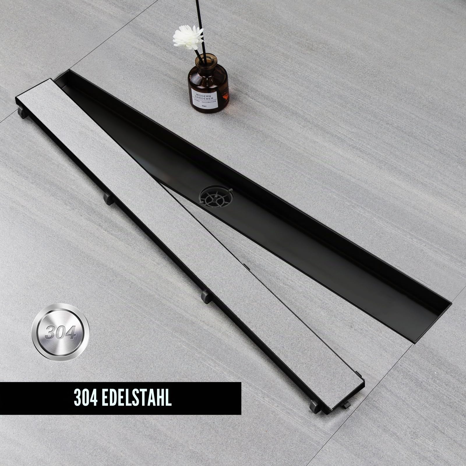 Duschrinne 90 cm, Edelstahl-Bodenablauf mit 360° Siphon, Schwarz | Edelstahl Bodenablauf Komplettset mit 360°Siphon Haarsieb