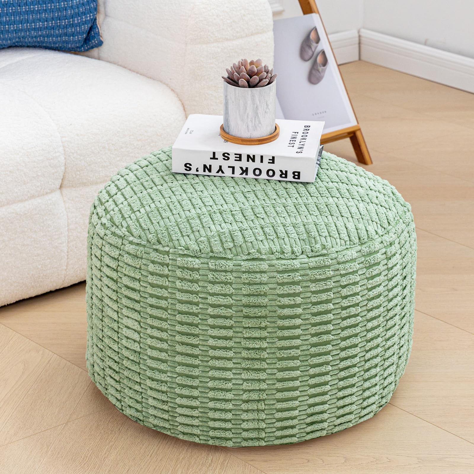 Round Pouf Ottoman Stuffed Velvet Floor Pouf Footrest,Foot Stool, Bean Bag Floor Chair for Bed Room Living | Room | Accent Seat 20x12inches with Filler (Sage Green)