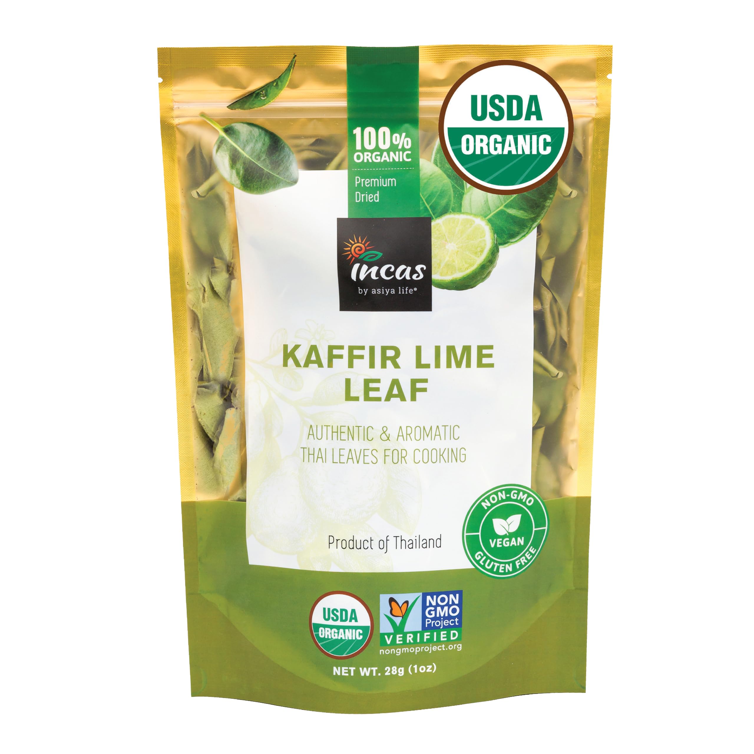 INCAS 100% USDA Organic Kaffir Lime Leaves 1 oz (28 Grams) Direct From Source Thailand Original Authentic Thai Flavor & Citrus Aroma ใบมะกรูดเเห้ง