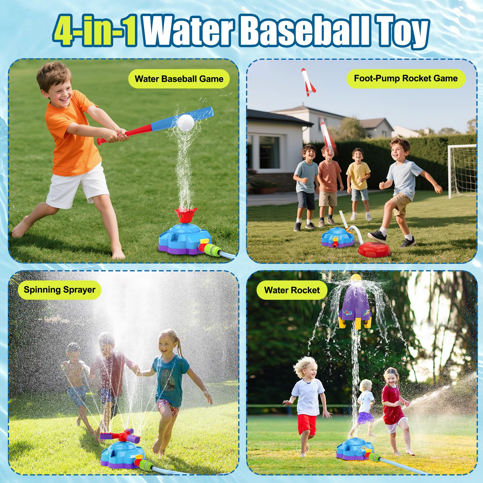 4-in-1 Water Sprinkler Baseball Toy, Water-spraying Rocket, Water Baseball Game, Rocket Launch Game, Spinning Water Sprayer Outdoor Summer Toys for Boys Girls Outside Water Game Toys for Kids 3-12