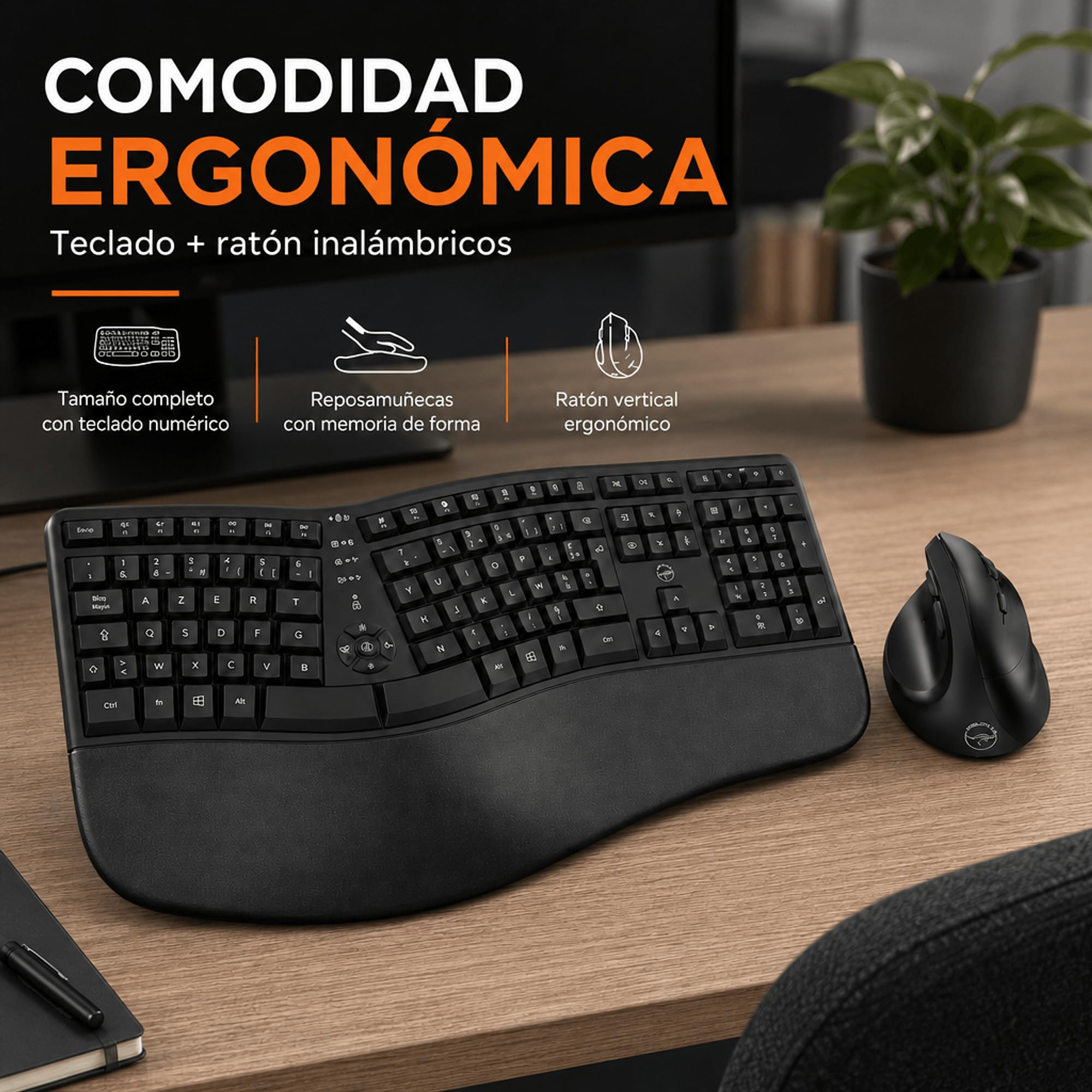 MOBILKTY Lab - Ergo C30W - Combo Teclado + ratón inalámbrico ergonómico - AZERTY, reposamuñecas, diseño ergonómico, inclinación Ajustable del Teclado, dpi Ajustable - Windows