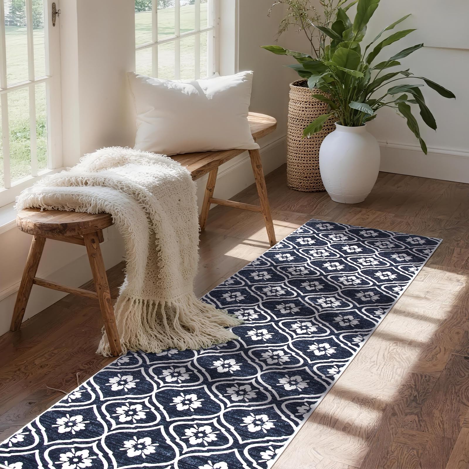 Puremy Teppich 80X150cm, Waschbarer Läufer, Vintage-Marokkanisches Muster Bettvorleger Schlafzimmer, rutschfest, Für Flur, KüChe, Landhausstil, Waschküche, Badezimmer, Eingang, Schwarz