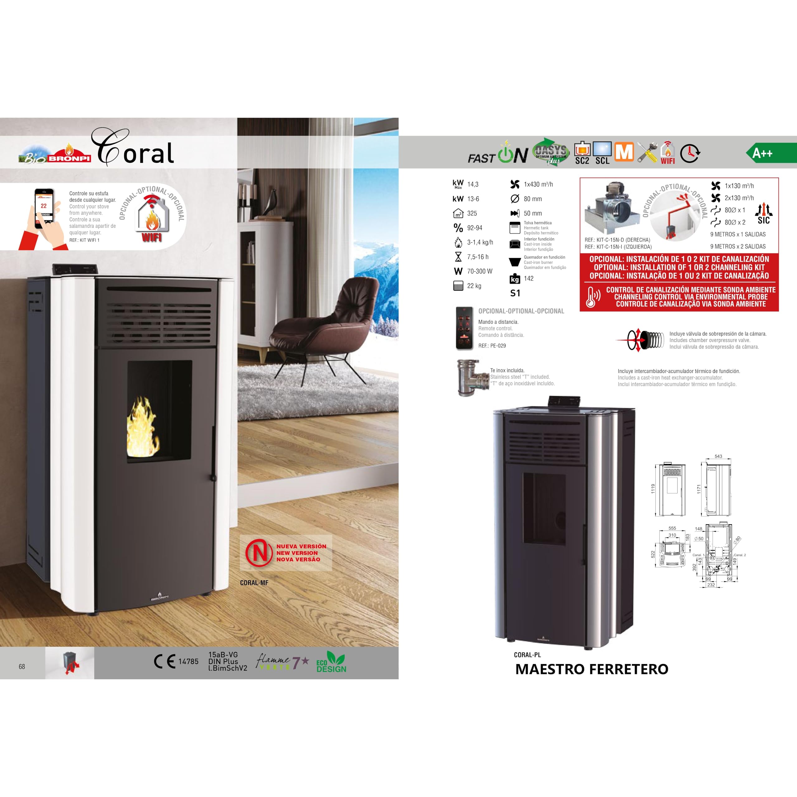 BRONPI - Estufa de Pellet Color Marfil Modelo CORAL-MF de 15 kW