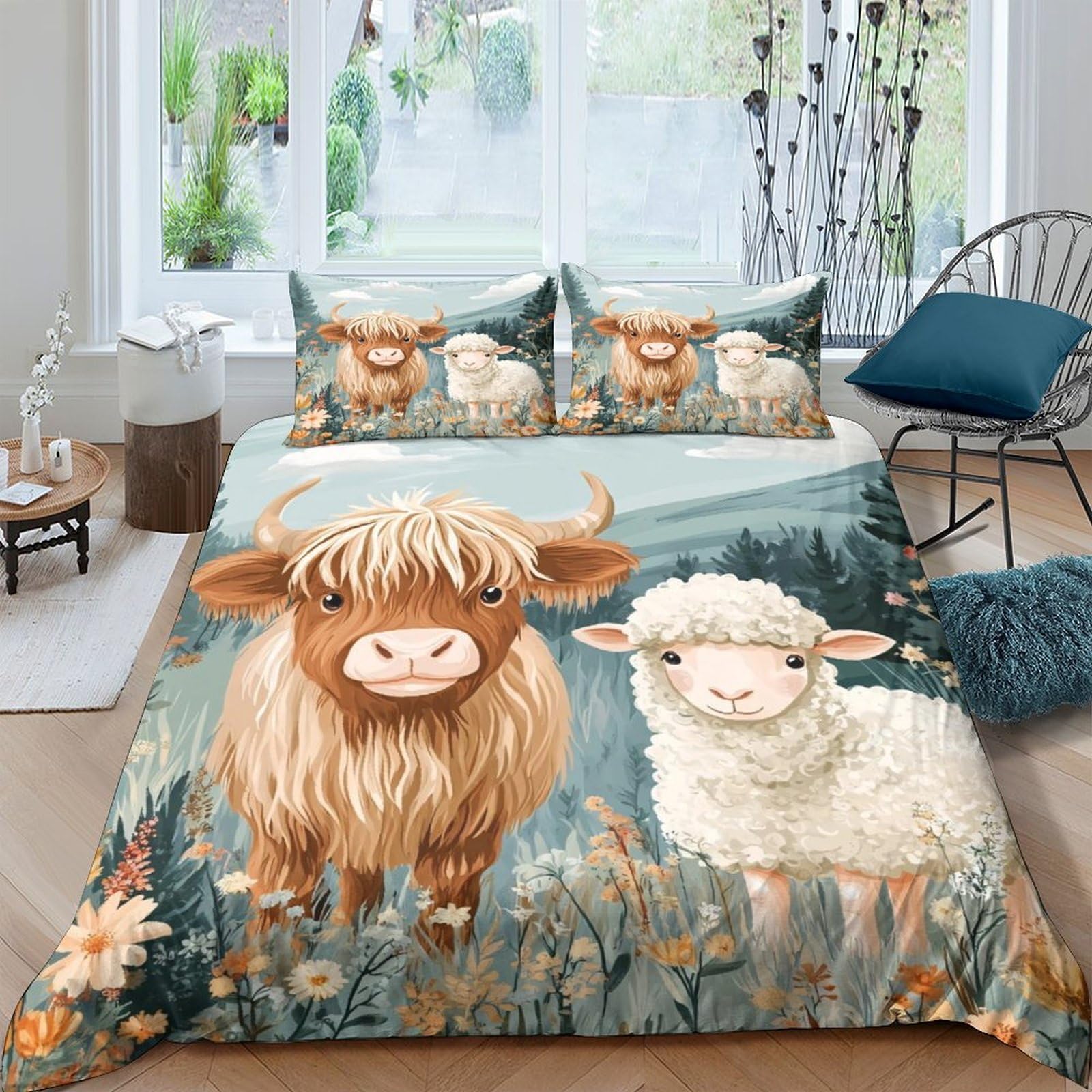 Ctjqhvkz Style-2 3D Printed Highland Cow Fitted Sheet Microfiber Soft Animal Sheep Bed Cover For Bedroom Dorm Mattress Decor Single（135X200cm）