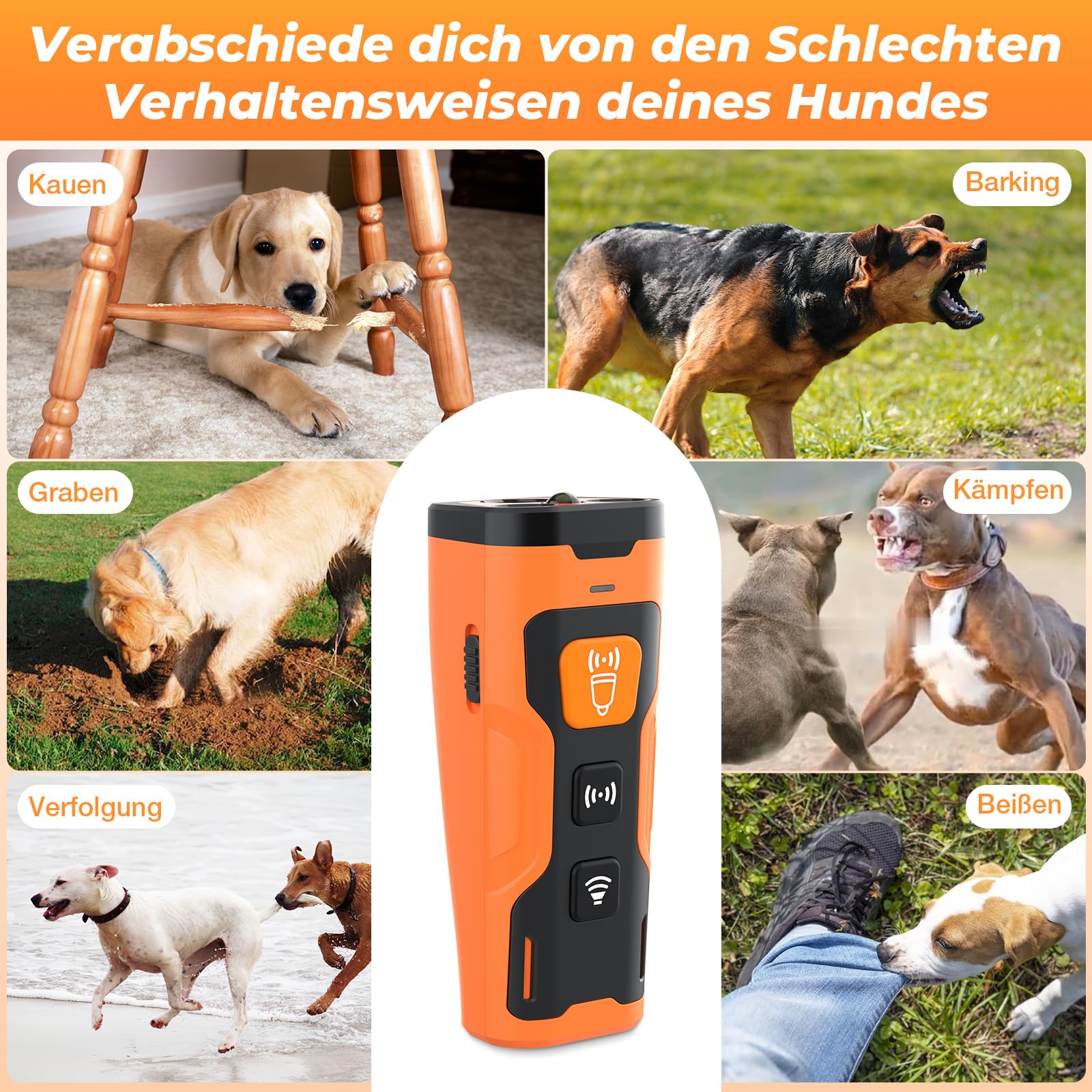 Appareil Anti-aboiement pour Chiens, Dispositif Anti-aboiement Ultrason Rechargeable avec 4 Fréquences Réglables, Lampe de Poche LED, Dispositif Anti-aboiement Ultrason pour Chiens, Pour Chiens