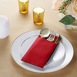 50-Pack Disposable Linen-Feel Dinner Napkins with Built-in Flatware Pocket, BRIGHT RED Prefolded Cloth Like Paper Napkins For Christmas, Dinner, Wedding Or Party [Silverware NOT Included]