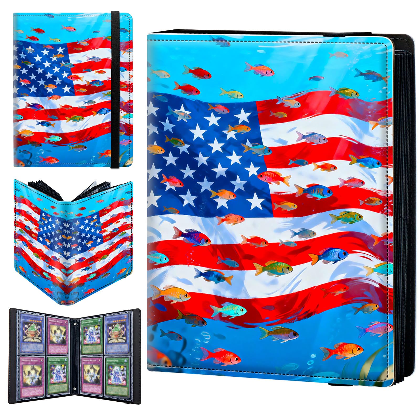 4 Pocket Trading Card Binder 160 Side Loading Pocket Album with American Flag and Fish Pattern Design Card Binder for Sports Cards & Game Cards — image 1