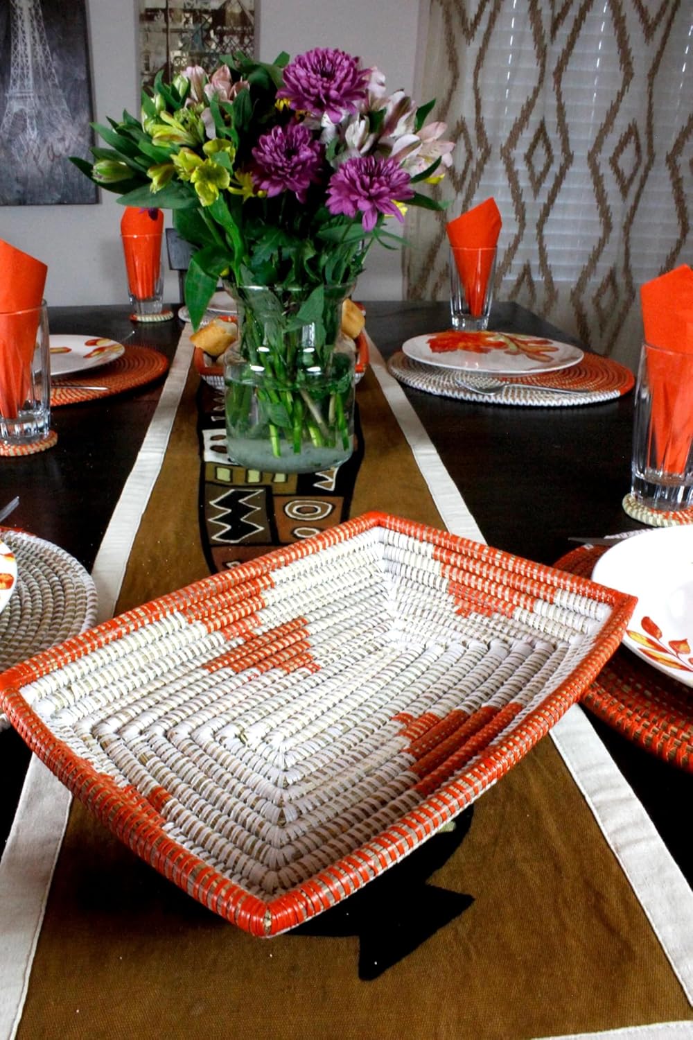 Handmade Orange & White Senegalese Basket: Decorative Bread/Fruit Basket