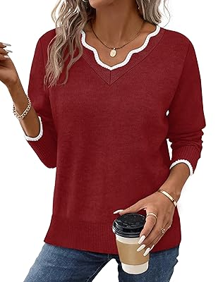 OFEEFAN Womens V Neck Sweaters Pullover Cozy Lightweight Sweaters Long Sleeve Tops Fall Outfits 2025