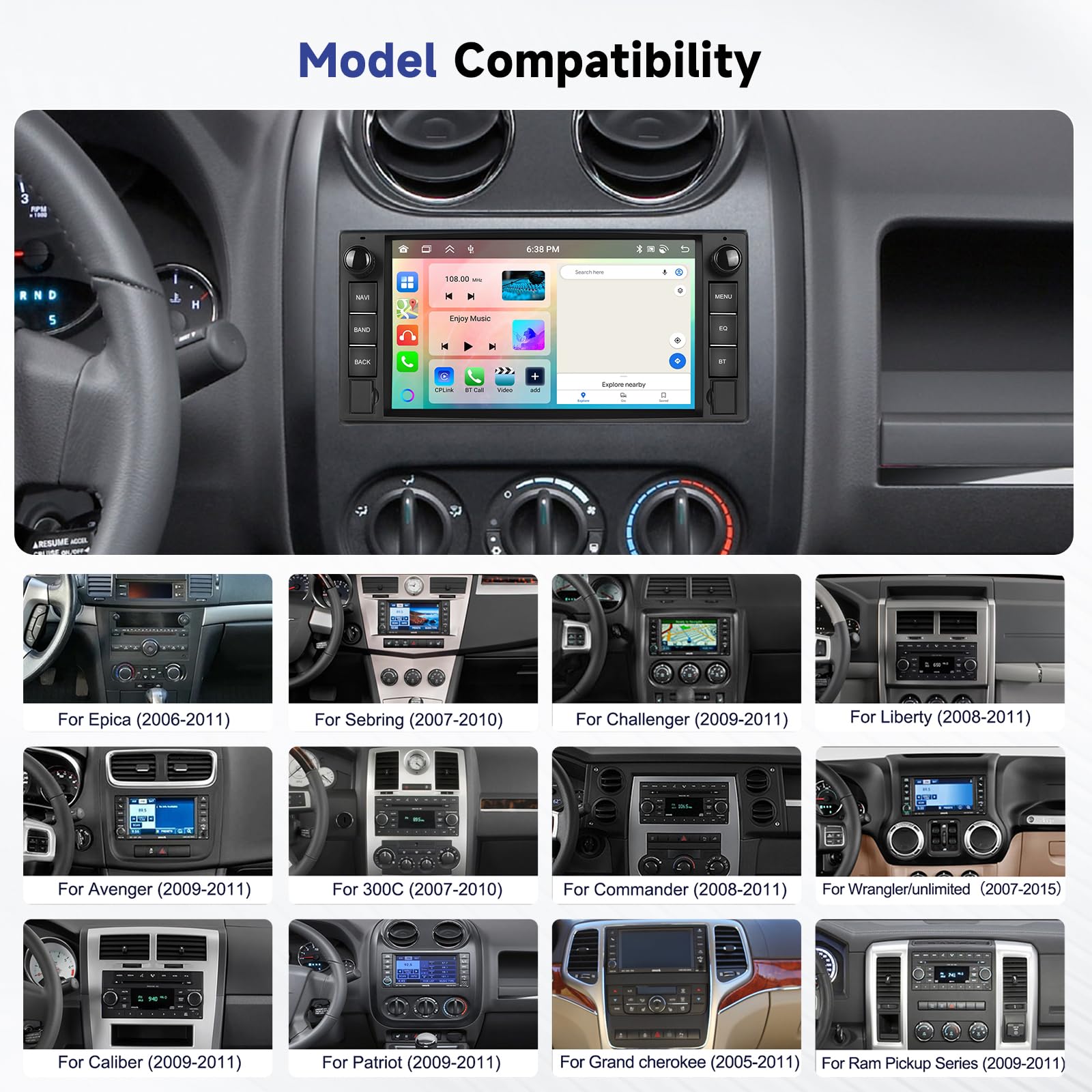 Hodozzy 6G+128GB 8-Core Android Radio para Jeep Compass Wrangler/Chevrolet/Chrysler/Dodge Carplay Android Auto Inalámbrico, 2 DIN Pantalla Táctil 7 Pulgadas Radio Coche Bluetooth GPS WiFi RDS Cámara