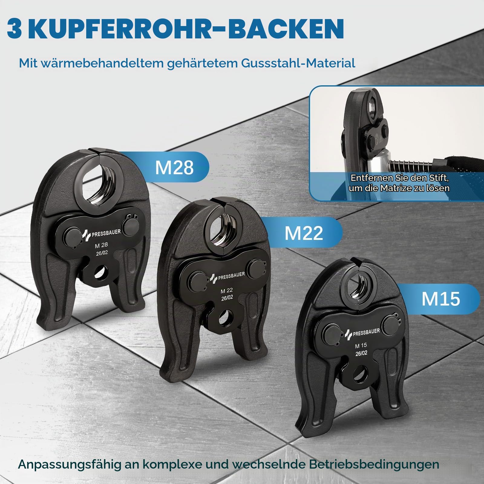 Professional Akku Presswerkzeug, Schubkraft 24KN Elektrisches Crimpwerkzeug mit M15, M22, M28-Backen, Pressmaschine mit 2 Stück 21V-4,0-Ah-Akku, Schnellladegerät und Tragetasche