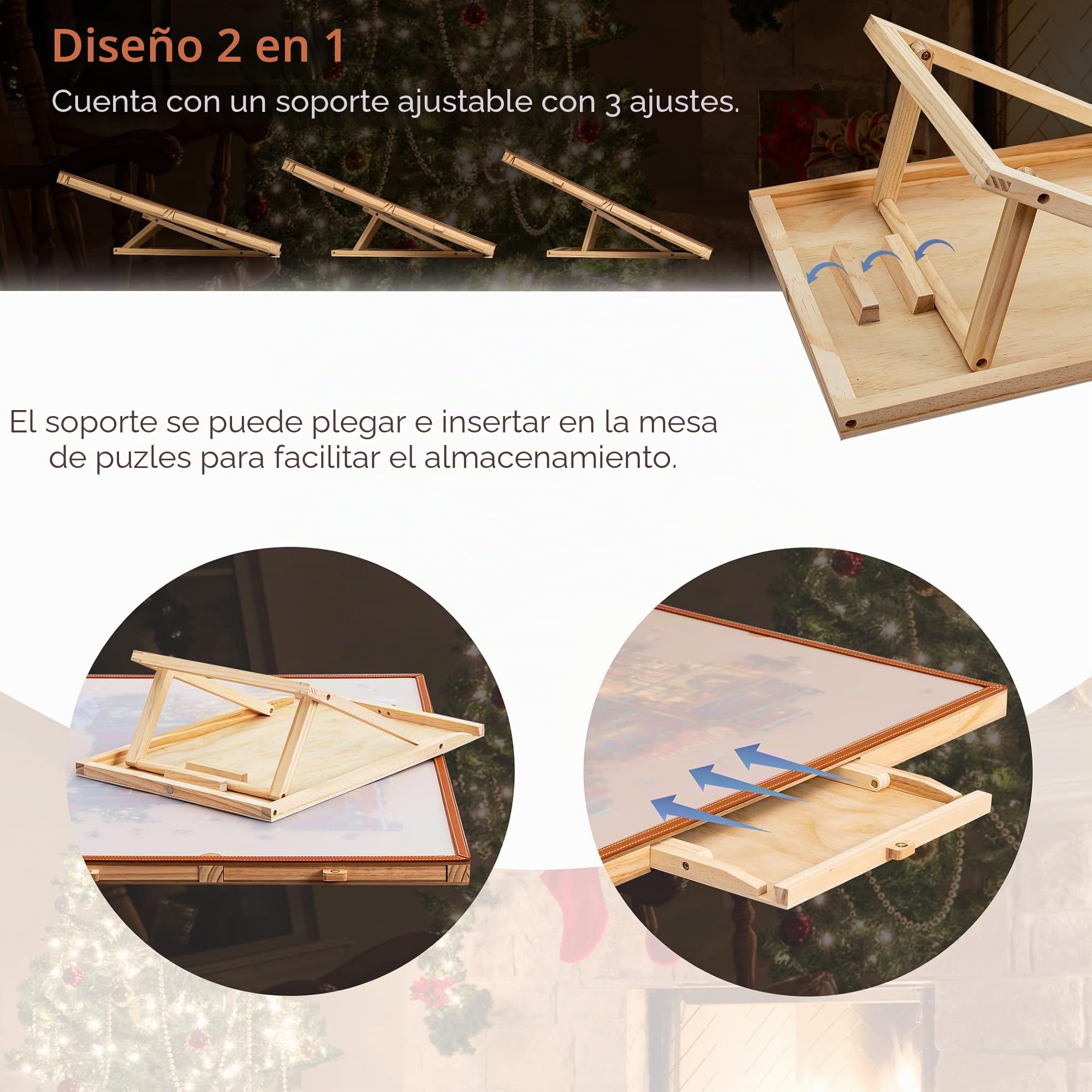 Tektalk Mesa de Rompecabezas con Barra de Cuero, Meseta de Madera portátil con Soporte Ajustable Integrado y Cubierta extraíble, 4 cajones de clasificación, para hasta 1500 Piezas