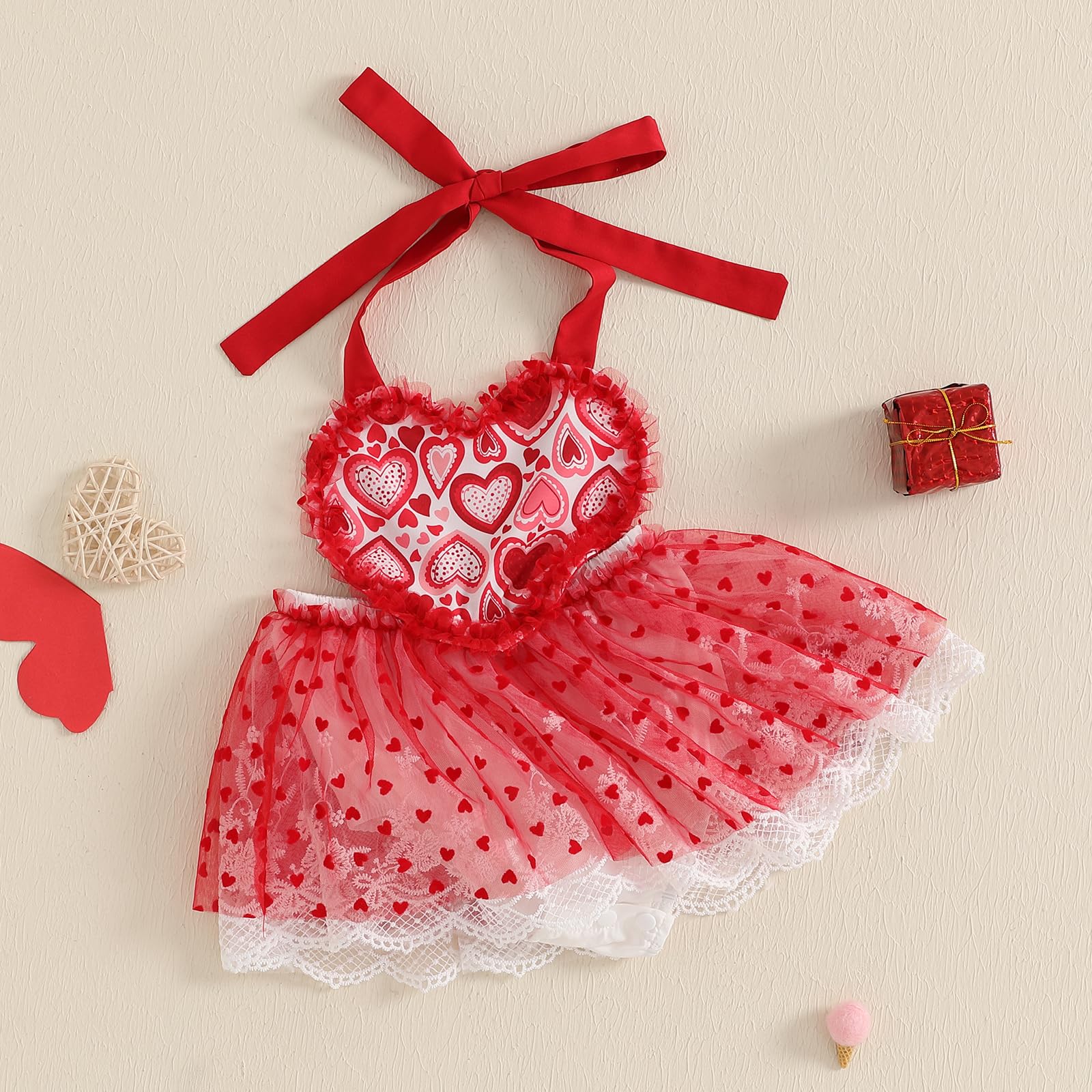Newborn Girl Valentines Outfit Baby Sleeveless Halter Romper Lace Mesh Tutu Dress My First Valentines Baby Girl Outfit (A-Red,0-3 Months)