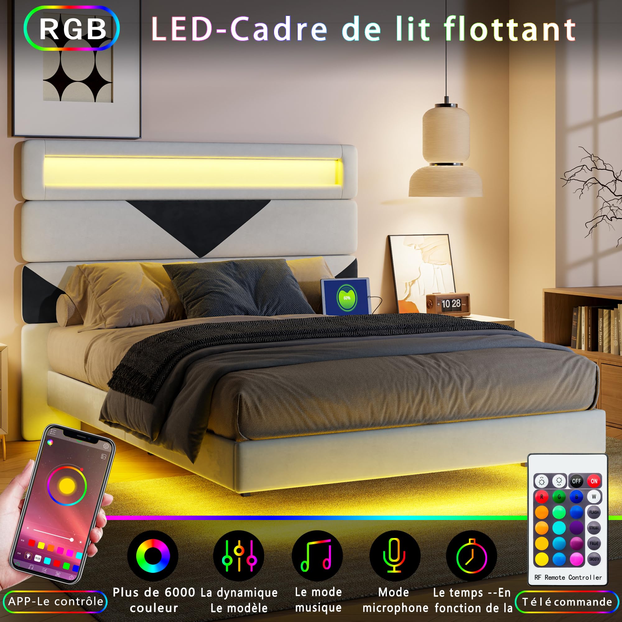 Letto matrimoniale 140 x 190, letto imbottito con illuminazione LED RGB e ricarica USB, telaio letto galleggiante con testiera modulare, con rete a doghe (beige+nero, 140 x 190 cm)