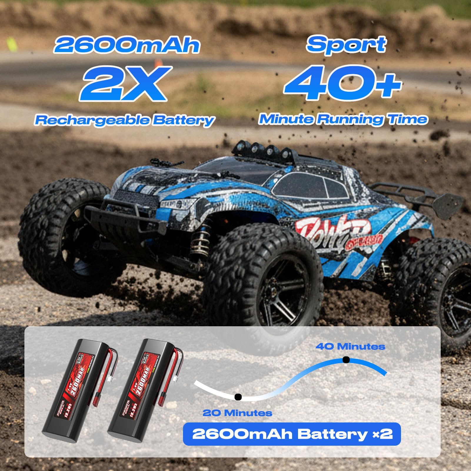 Voiture RC 1:8 50 km/h Buggy Tout Terrain Haute Vitesse | Moteur RC550, 2 batteries 7,4V 2600mAh, contrôle proportionnel 2,4G, éclairage LED, véhicule télécommandé pour adultes