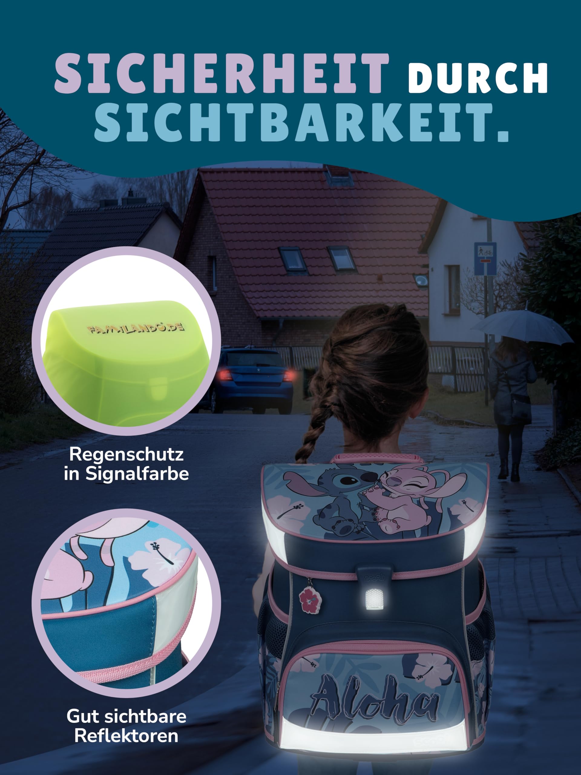 Familando - Scooli Campus Fit Schulranzen Set - 9-teilig mit Sporttasche - Disney Stitch - Ergonomisch, stabil & 980g leicht - 18L Volumen - Brustgurt & Reflektoren - ab 1. Klasse