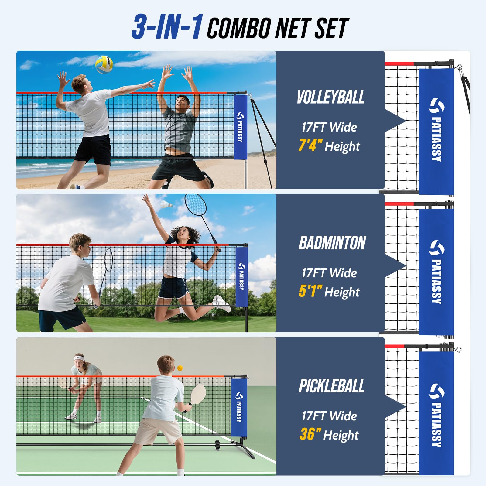 Patiassy Filet De Volley-ball Portable De 4,3 M Pour L'intérieur Ou L