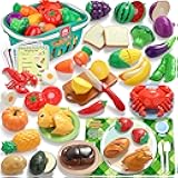 Pretend Play Food Kitchen Accessories for Kids, Fake Fruits Meats Vegetables Cutting Food with Shopping Storage Basket for Preschool Activities, Daycare Educational Toy for 3 4 5 Years old Kids