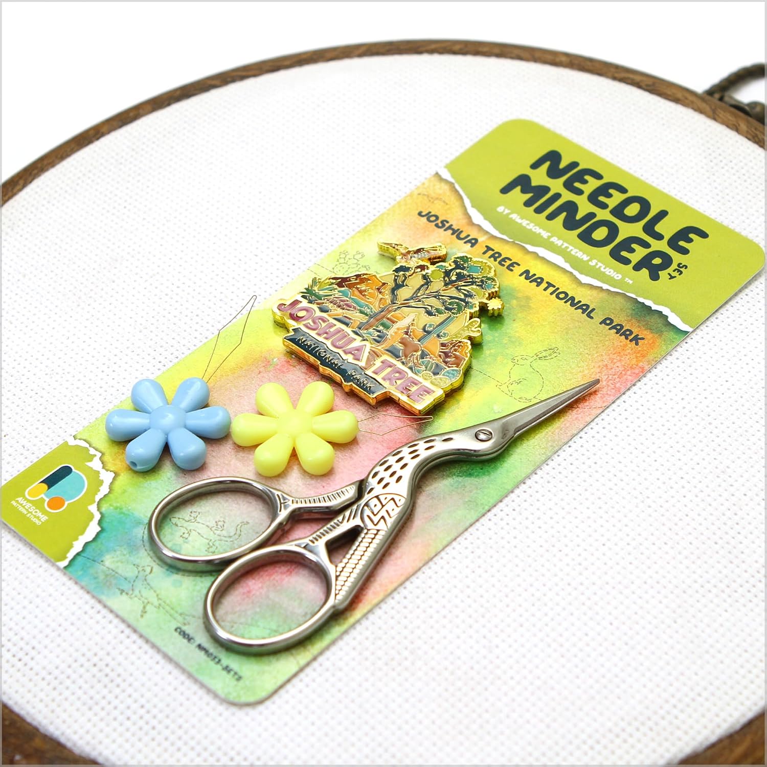 Awesome Pattern Studio Needle Minder Set - Joshua Tree Magnetic Needle Minder + 2 Needle Threaders + Crane Scissors. Enamel Pin for Cross Stitch, Embroidery and Craft