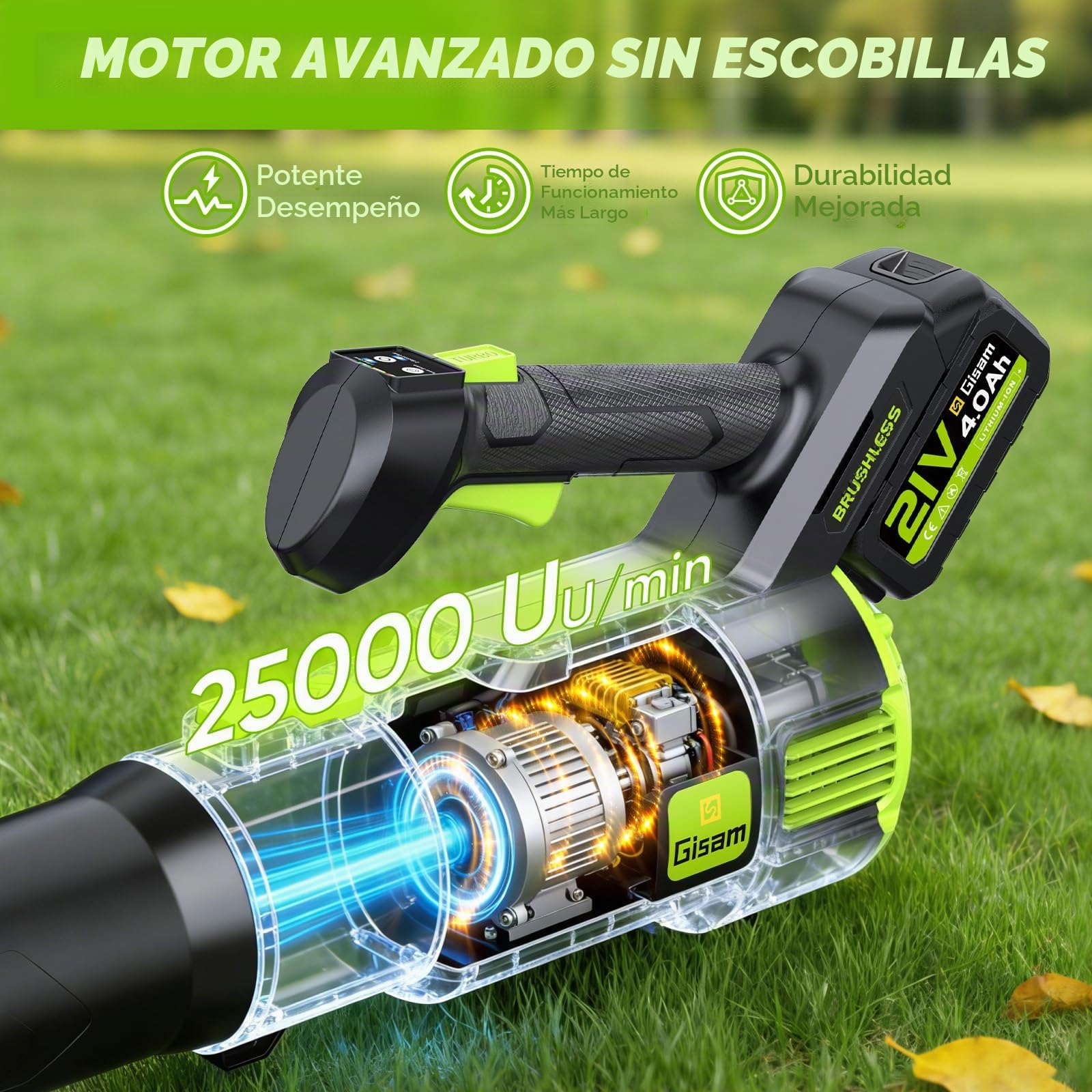 Soplador de Hojas Bateria, Gisam Leaf Blower Sin Escobillas con 2x4.0Ah Baterías, 2 Velocidades + Modo Turbo MAX 25000RPM, Volumen de Aire 750m³/h para Jardín