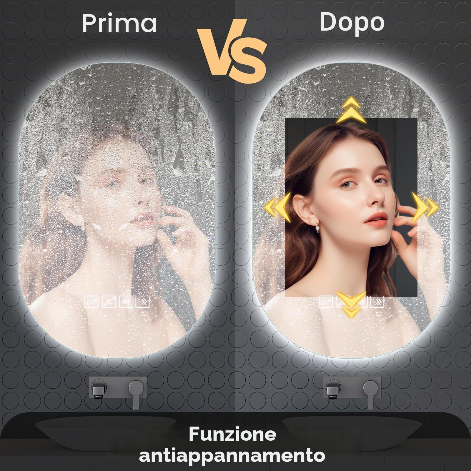 Specchio Bagno con Luce, 75x50cm, Specchio Smart con Antiappannamento, Memoria e Dimmerabile, Bluetooth per Musica, Tasto a Sè, Installazione Orizzontale o Verticale