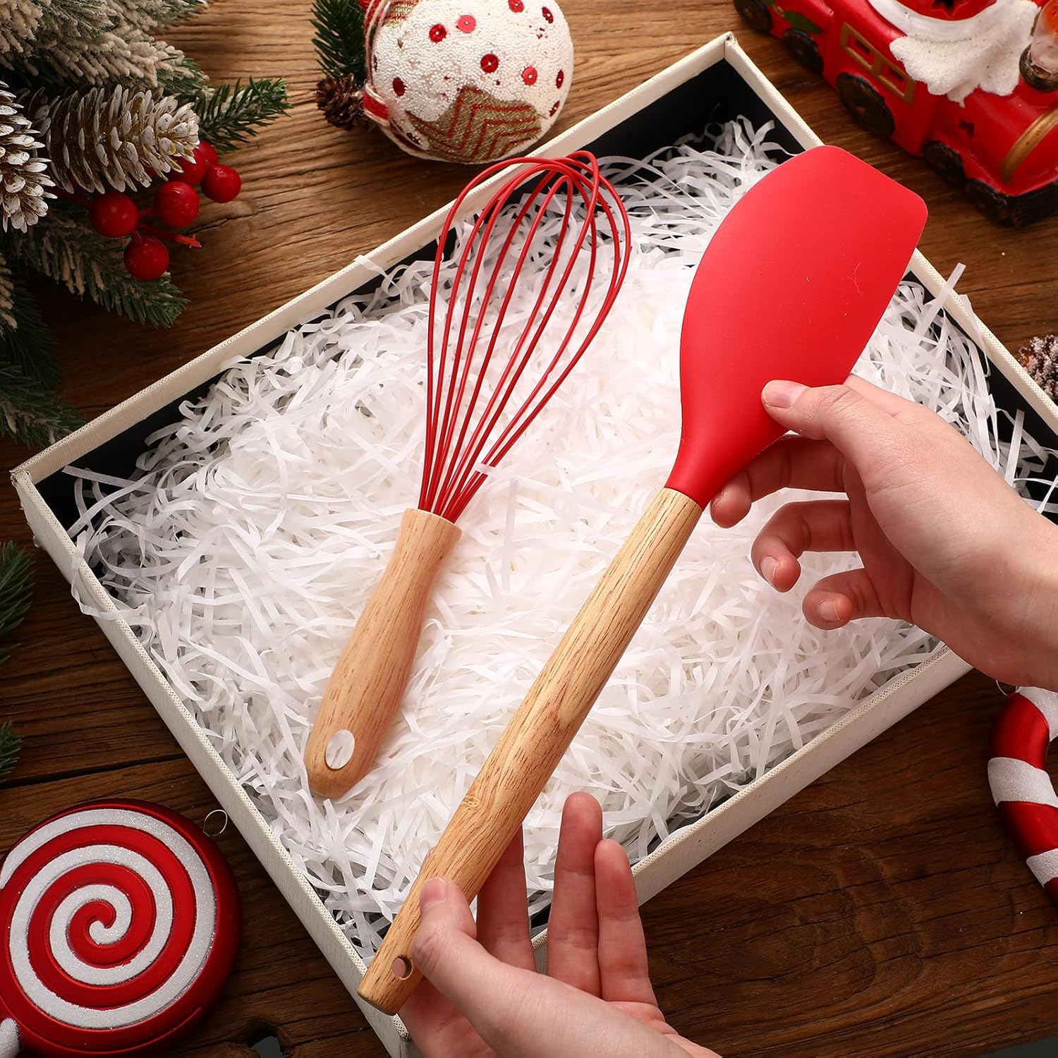 24 Pcs Small Silicone Whisks and Spatulas with Wooden Handle for Cooking 10 Inch Mini Whisk Spatula Non Stick Kitchen Baking Essentials Cookware for Valentines Day Party Favor Gift Supplies