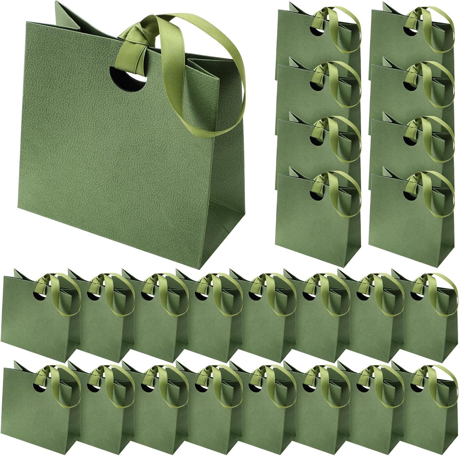 Gilprop 25 Pcs Green Wedding Mini Gift Bags with Ribbon Handle Bulk Thick Texture Paper Bridal Shower Wedding Welcome Bag for Housewarming Holiday Birthday Party 6'' x 5.7'' x 3''