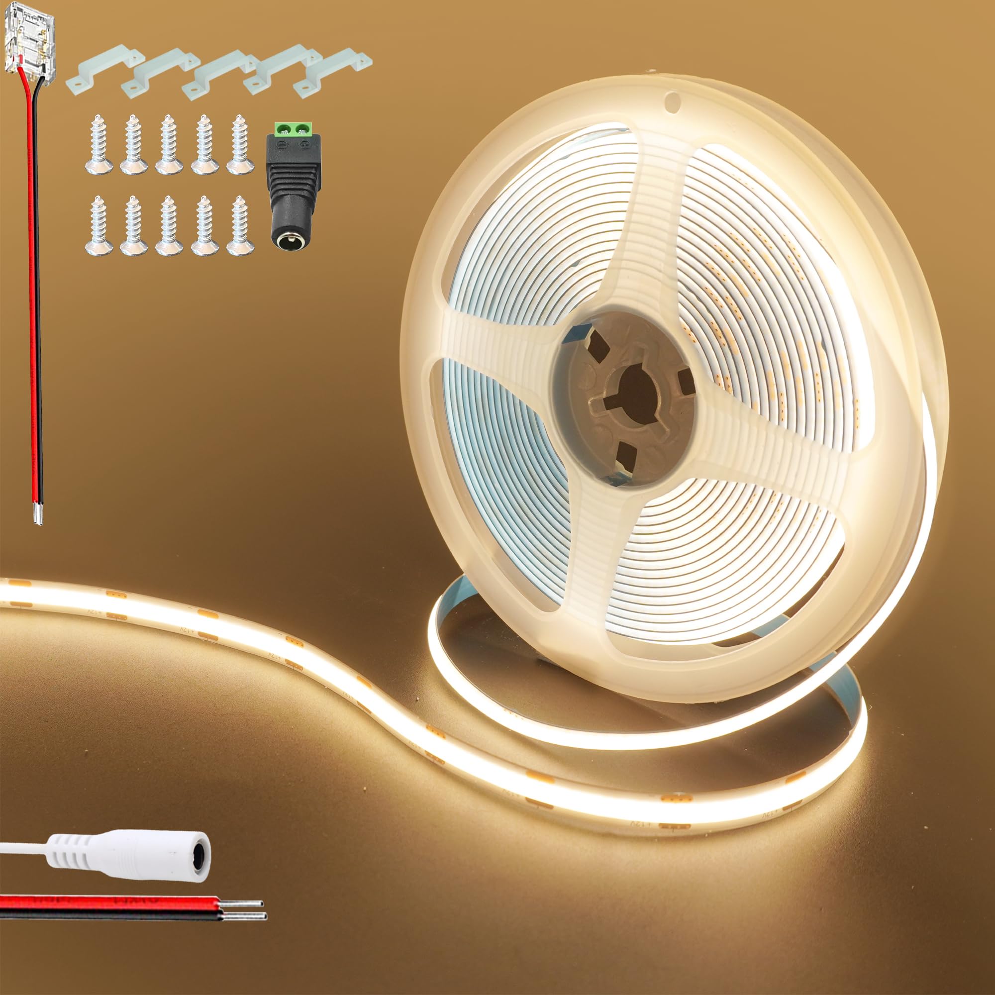 Clearhill 12V COB 480LED Strip Lights,16.4FT/5M(No Power Supply),Warm White 3000K,2400LED,with 5521DC Female Connectors,8mm Width,IP20,for DIY Home Indoor Decoration — image 1