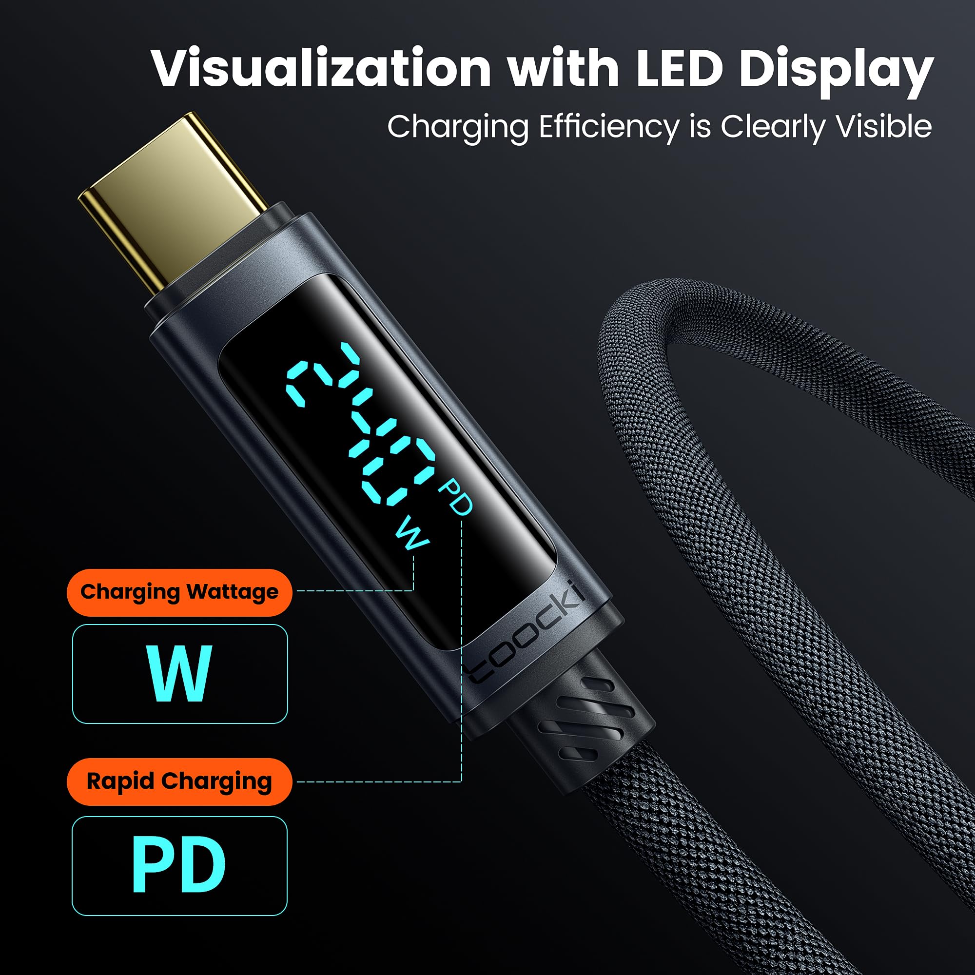 toocki Cavo USB C [confezione da 2, 2 m] 240 W cavo di ricarica rapida con display a LED compatibile con iPhone 16 15 Pro Max, iPad Pro, Samsung Galaxy S24 S23, Switch, MacBook Air, Pixel