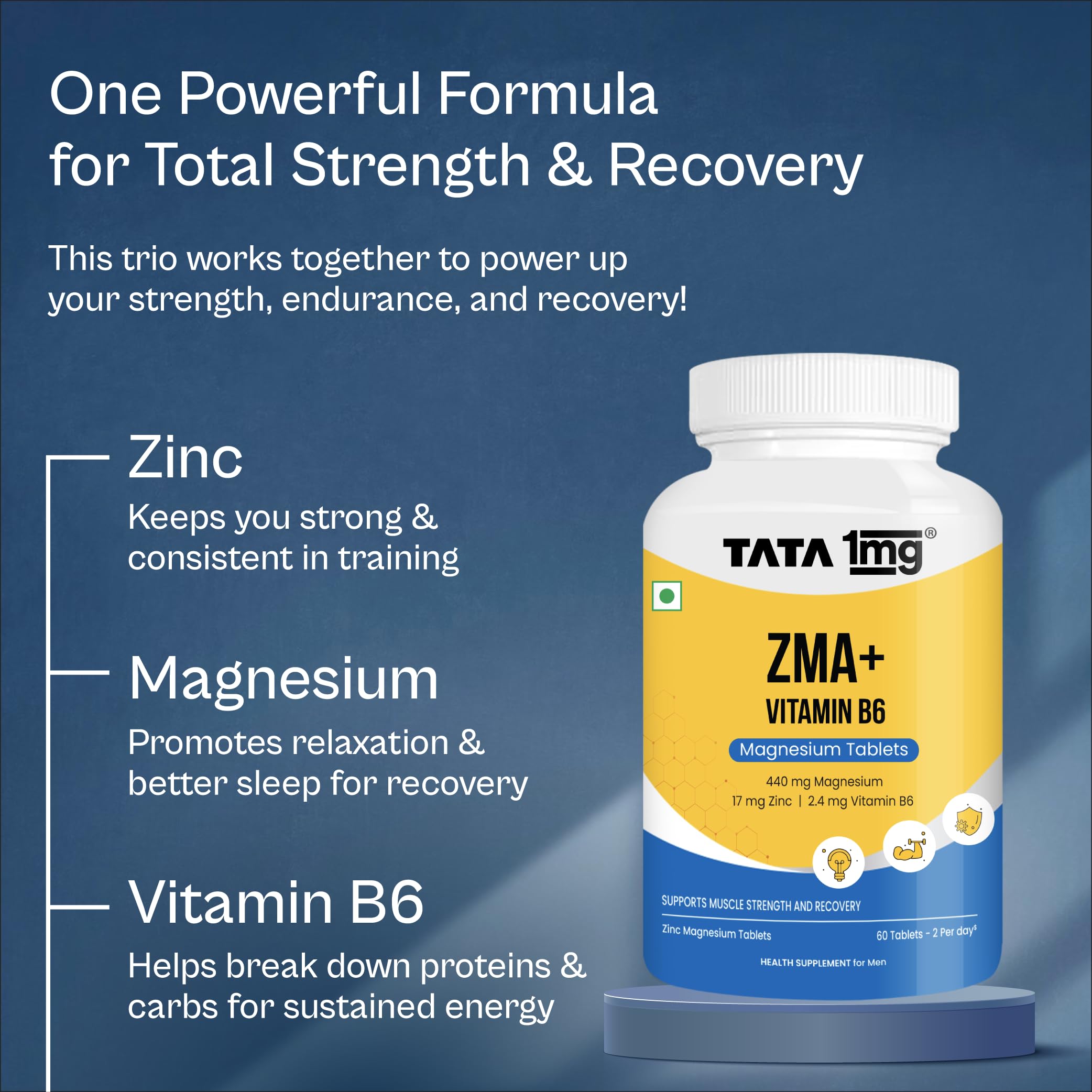 TATA 1MG ZMA+ Vitamin B6 Tablets| 100% RDA of Magnesium & Vitamin B6 | High Absorption Zinc Citrate for Muscle Recovery, Sleep & Strength | Reduces Cramps & Fatigue | 60 Tablet 4