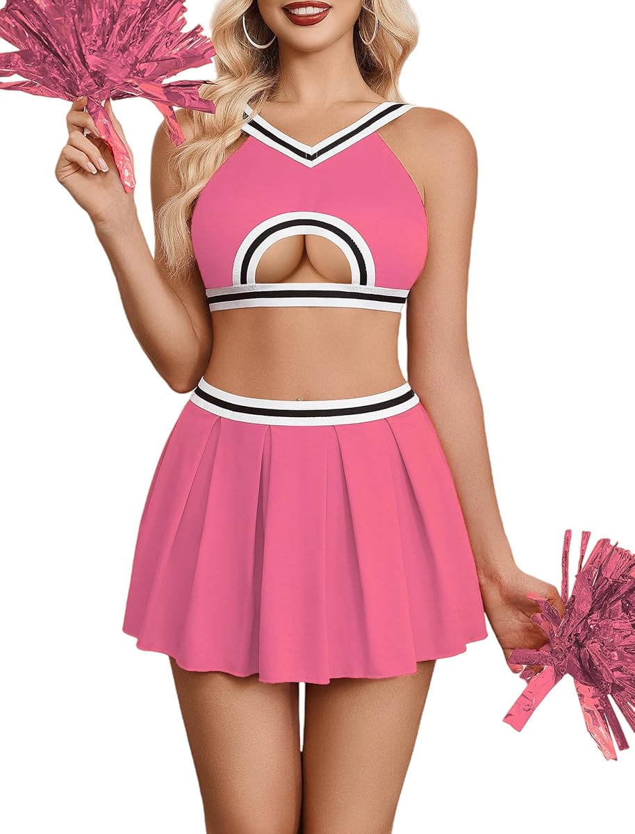 Avidlove ランジェリー 女性用 セクシー ミニスカート チアリーダー コスチューム ホロー クロップトップ Y2K プリーツスカート セット コスプレ レイブ 衣装