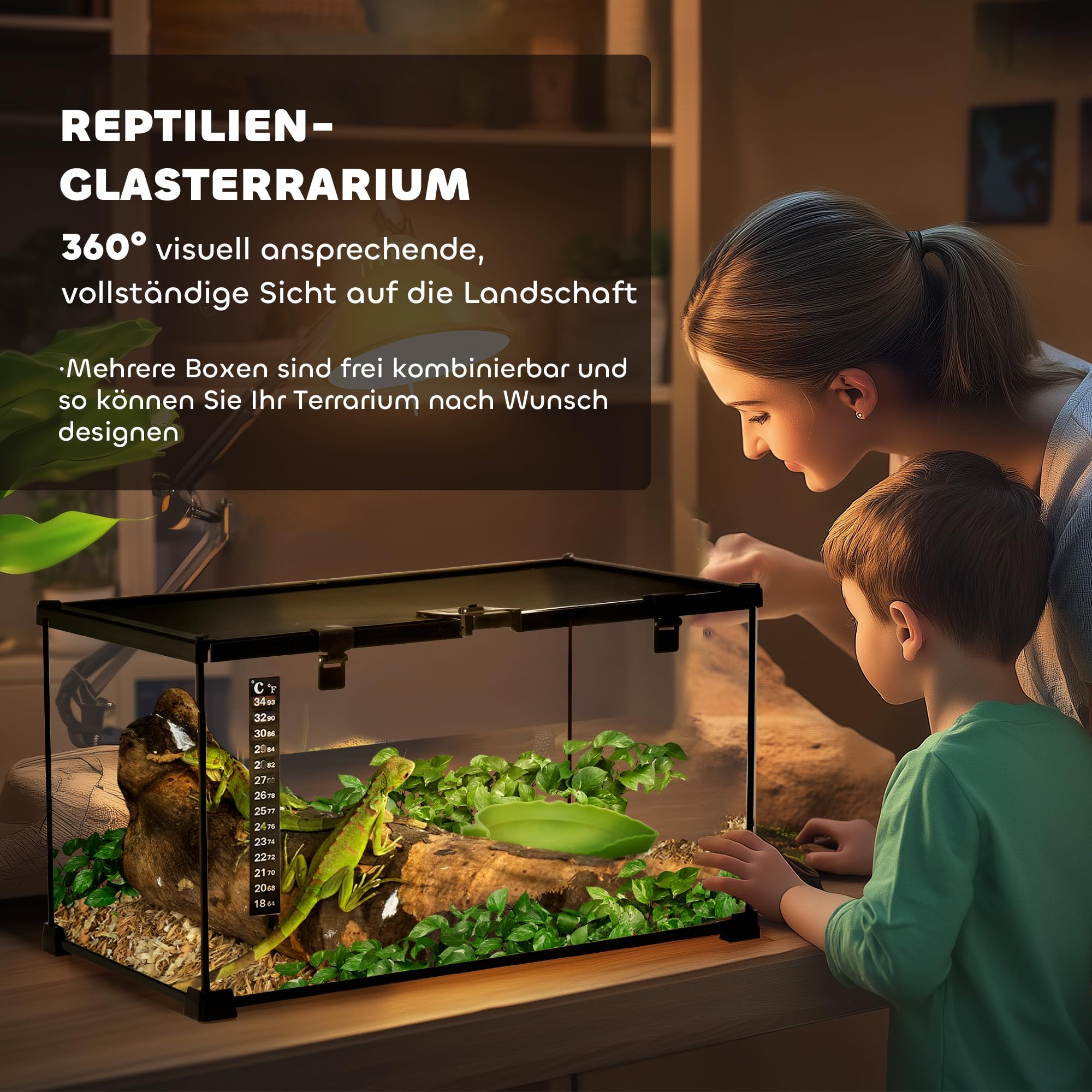 PawHut Terrarium dla gadów, pudełko do karmienia gadów, szklane sterrarium, płazy, pajęczaki, z termometrem, pudełko do hodowli gadów, metalowe, czarne, 50 x 30 x 25 cm