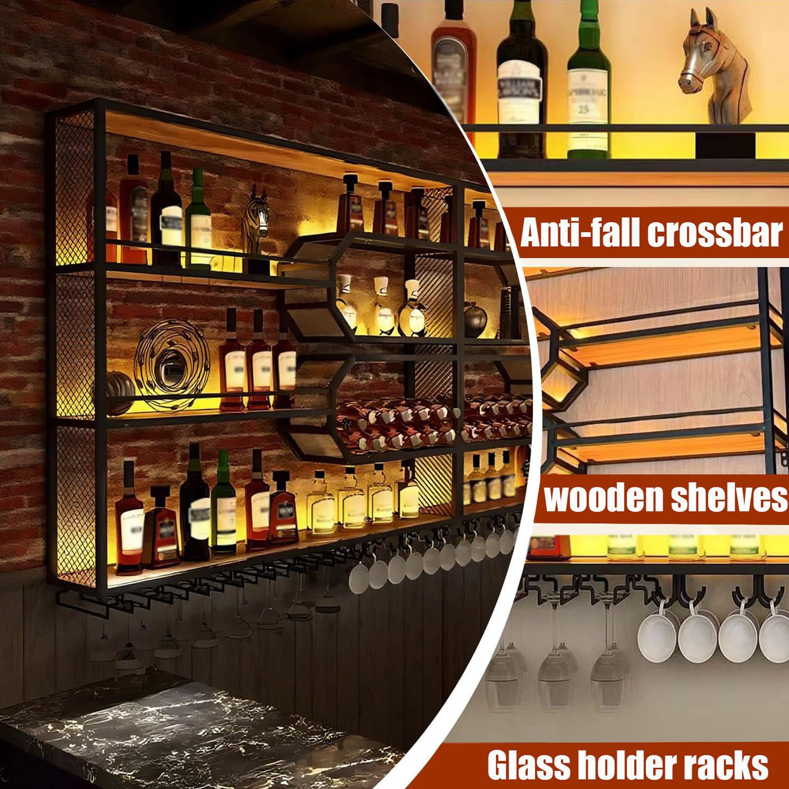 Modernes Wand-Weinregal, 3 Schicht Hängend Bar Regale Aufbewahrung mit Glashalter, Metall Wand montiert Wein Display Rack für Bars Restaurants und Küche (Schwarz, 300cm)
