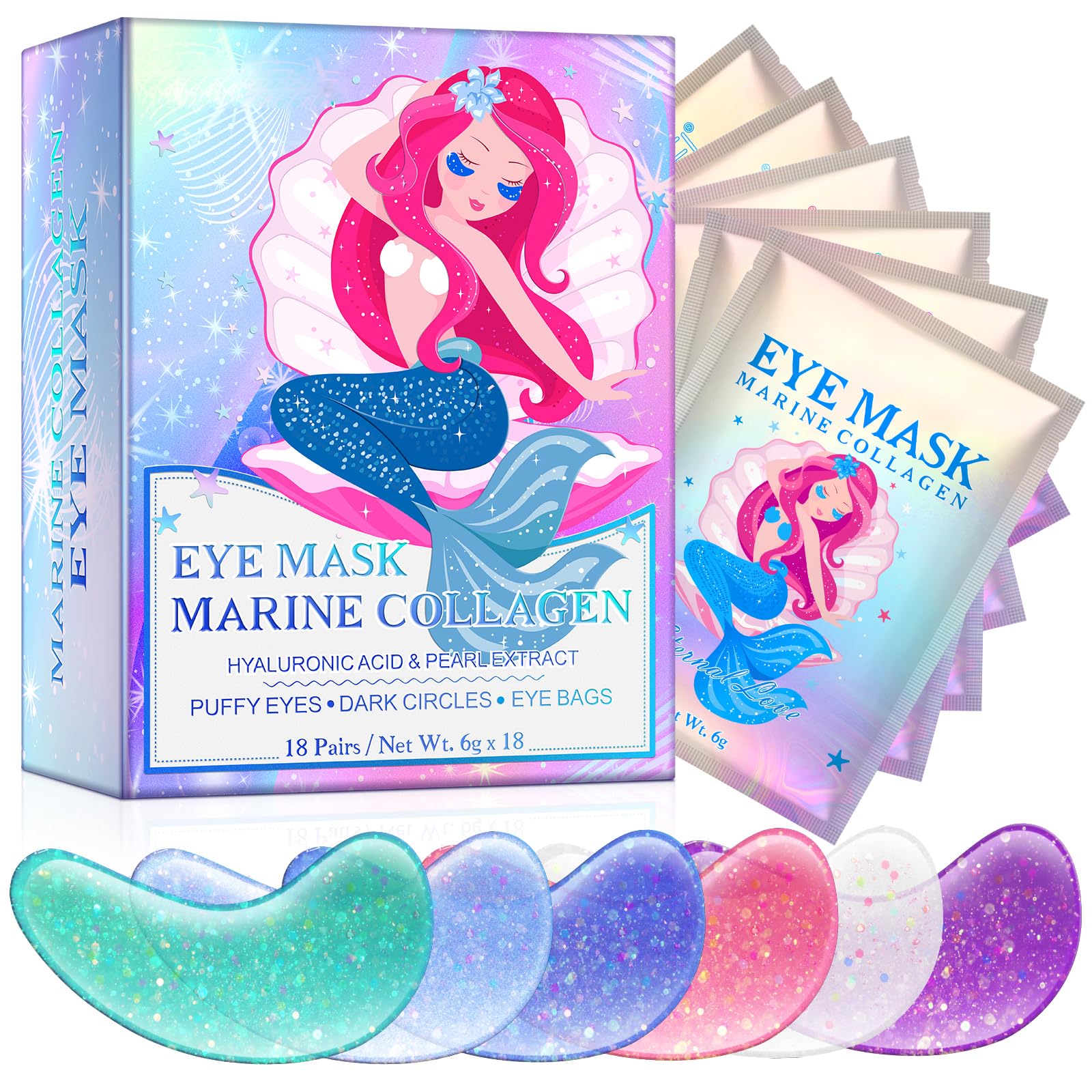 Augenmaske mit Natürlichen Marine -Kollagen & Hyaluronsäure, Eye Pads für Geschwollene Augen, Eye Patches,Anti-Aging Augenpads Gegen Augenringe Entfernen, Reduzieren Falten (18 Paar)