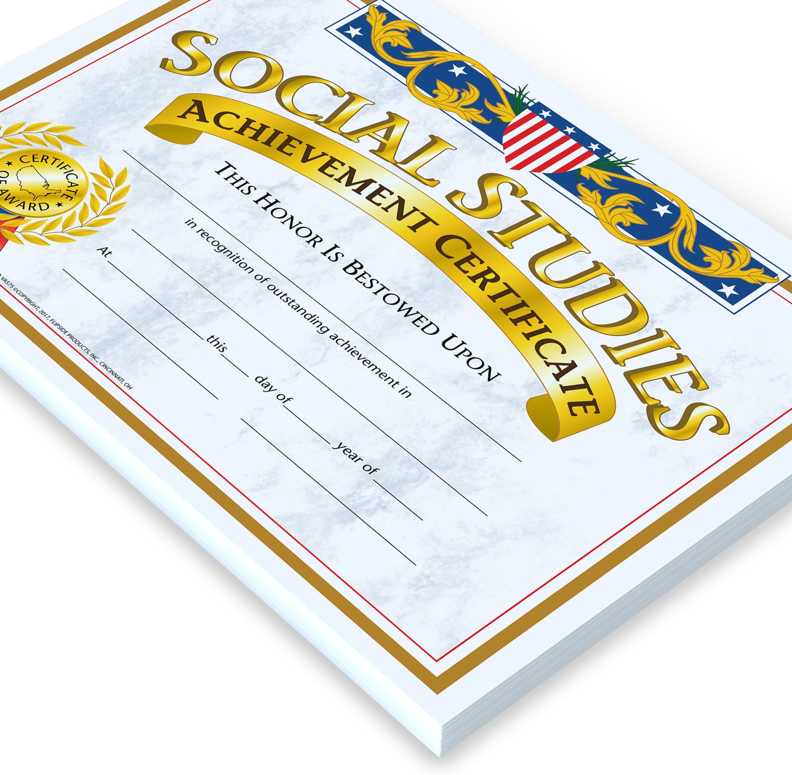 Hayes Social Studies Achievement Certificates, Gold-Bordered Awards with Light Blue Marbled Design, Customizable Award for Students, Full-Color Glossy Design, 8.5" x 11" - 30 Pack
