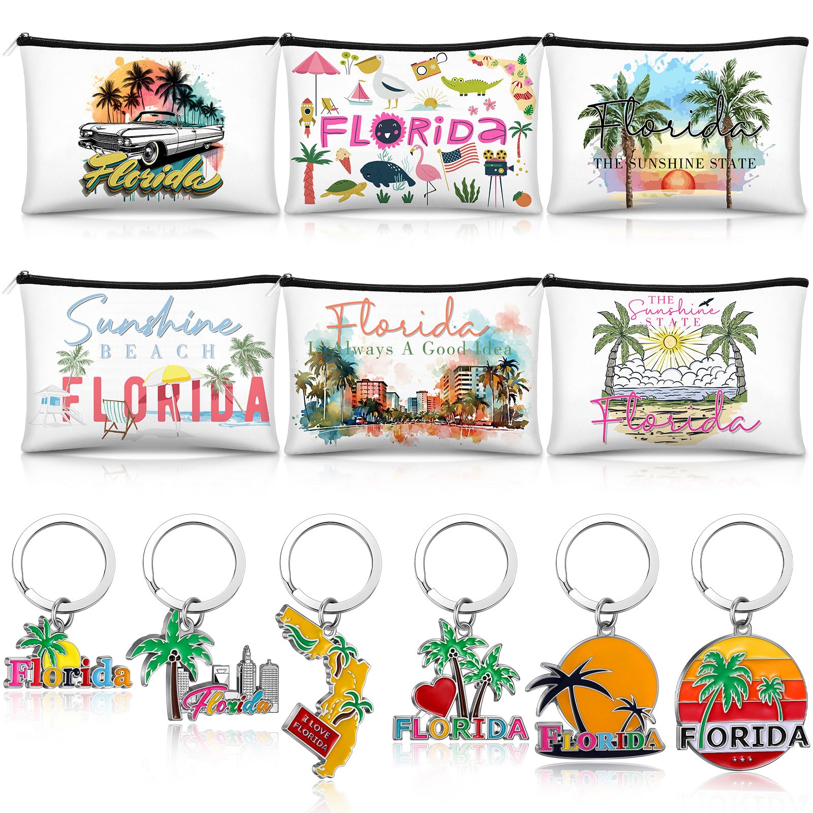 Landical 6 Sets Florida Souvenir Gifts Include 6 Pcs Florida Cosmetic Bag and 6 Pcs Metal Keychain for Women Traveler Christmas Party Gifts