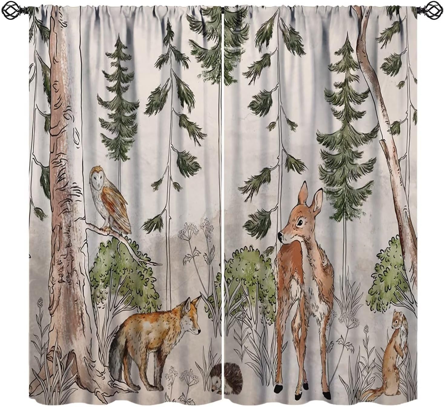 JESTRONRY Rustic Forest Window Curtains, Watercolor Woodland Animals Deer Fox Hedgehog Owl Forest Tree Blackout Rod Pocket Treatment for Kids Boys Girls Bedroom 42x63in