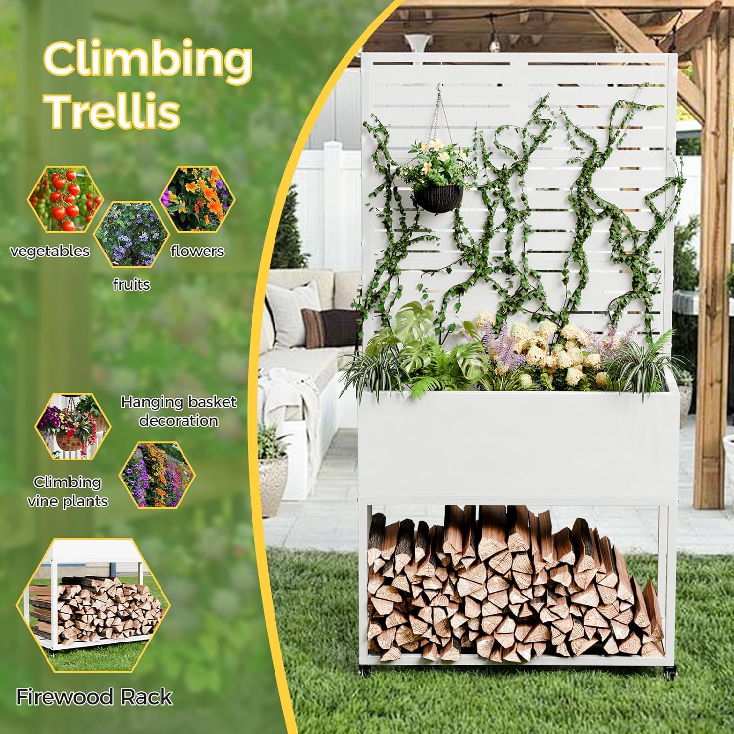 Metal Planter Box with Trellis, 3 in 1 Raised Garden Bed with Trelli & Firewood Rack, Privacy Planter Screen for Climbing Plants, Vine, Outdoor Garden Standing Beds with Drainage Holes, Wheels,White