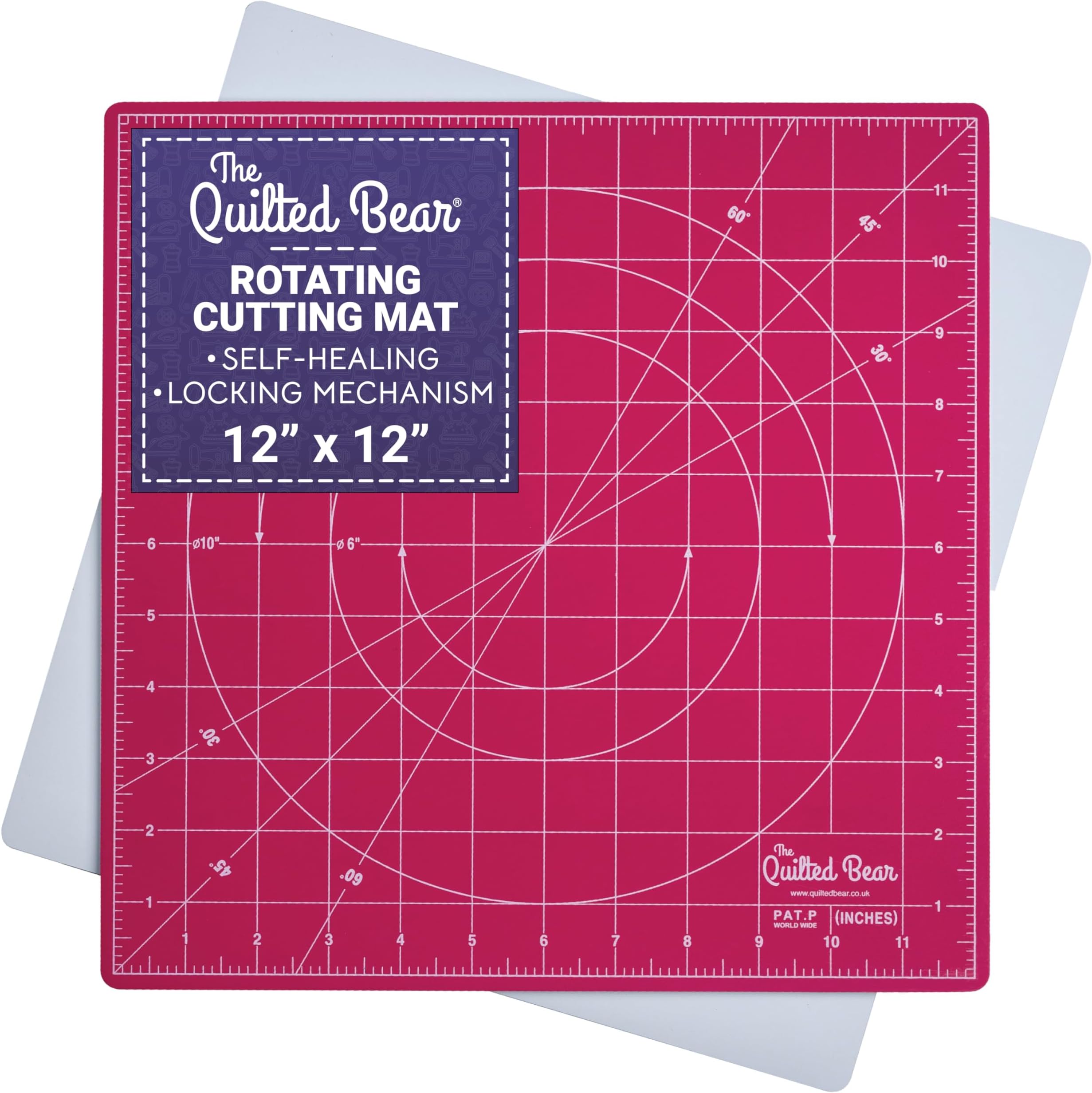 Rotating Cutting Mat 12" x 12" - Locking & Rotating Self Healing Cutting Board for Sewing, Fabric & Quilting - 360 Degree Sewing Supplies Mat for Craft Table (Pink)