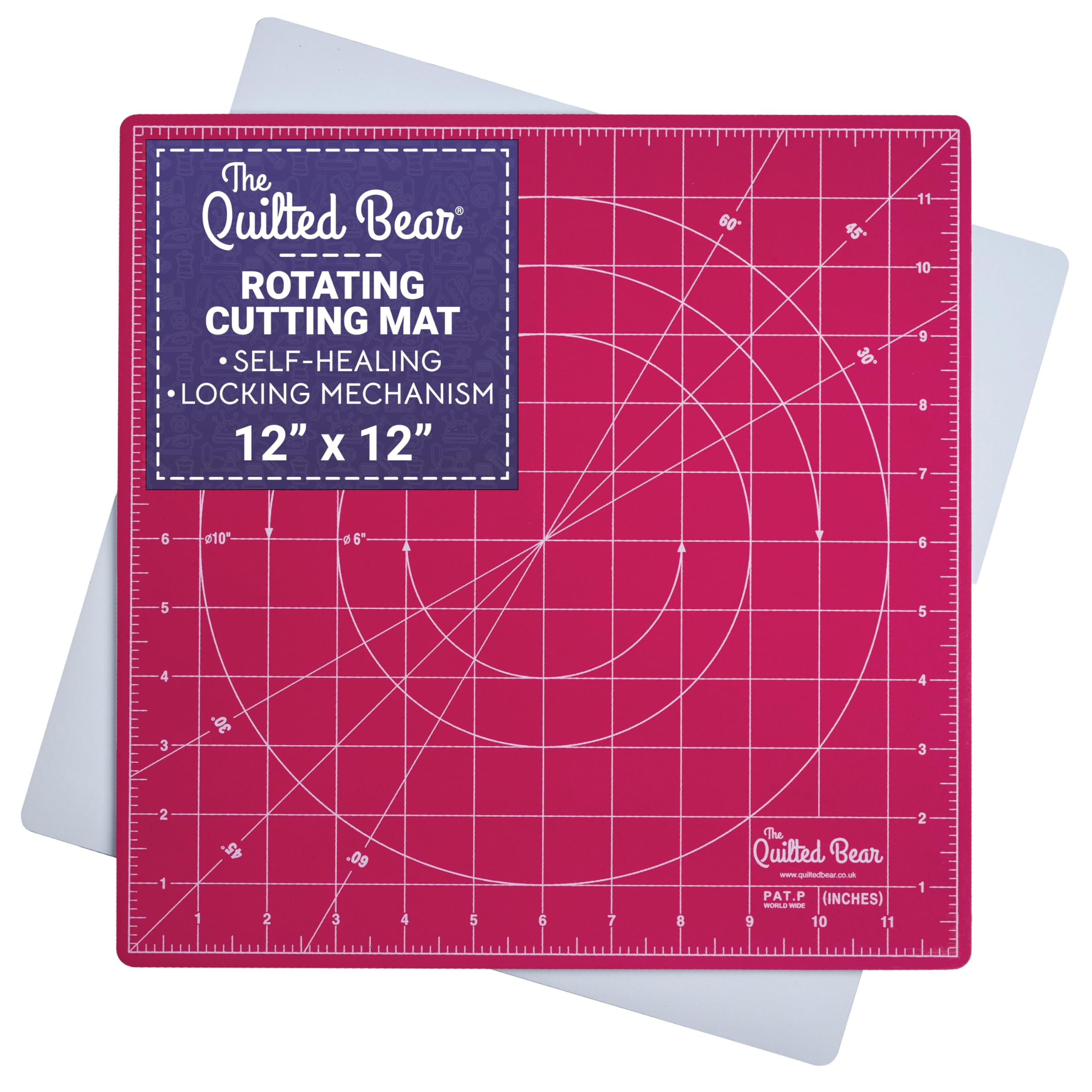 The Quilted Bear Rotating Cutting Mat 12" x 12" - Square Self Healing 360° Rotating Craft Cutting Mat with Innovative Locking Mechanism for Quilting & Sewing Your Choice of Colours Available! (Pink)
