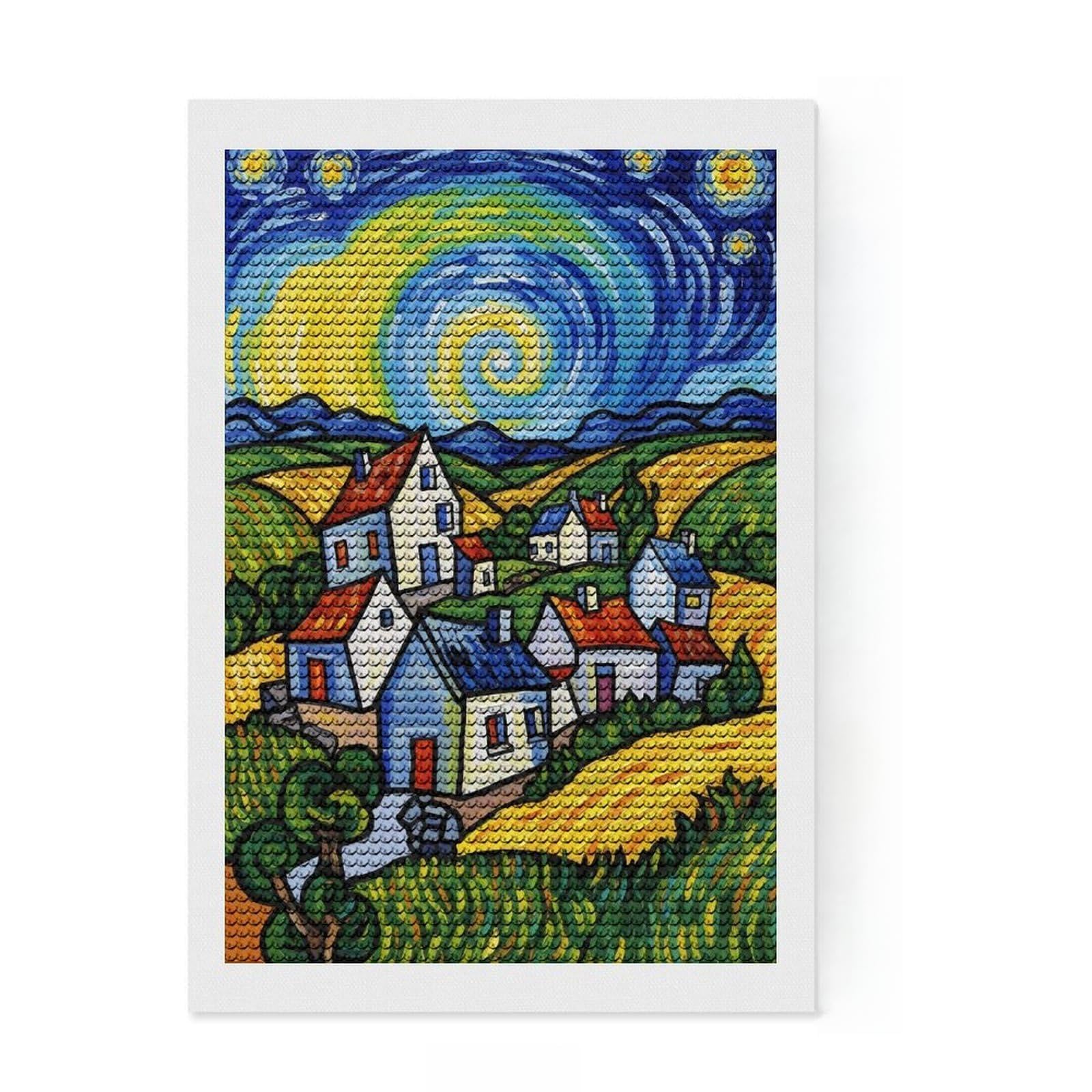 Junmoney Stylized Village Landscape Painting Full Drill Diamond Painting Kit 8"x12", for Women, Complete Accessories, Thoughtful Handmade Gift, Farmhouse Decor