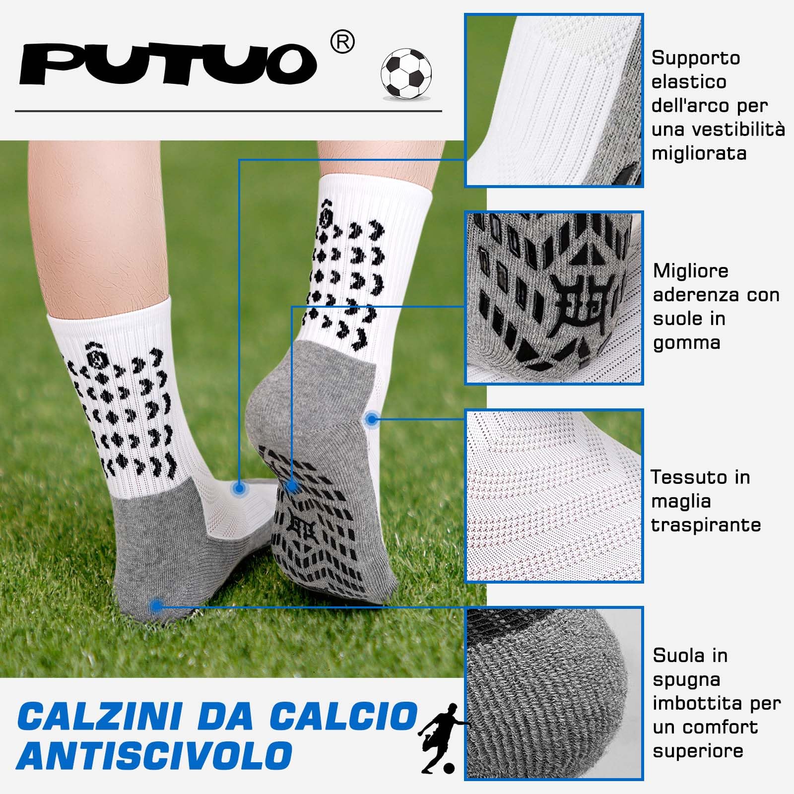 PUTUO Calze da Calcio Antiscivolo per Uomo: Calzini Sportivi da Calcio Grip Calzettoni Sport Traspiranti per Basket Pallacanestro Trekking Tennis Yoga 4 Paia 39-46