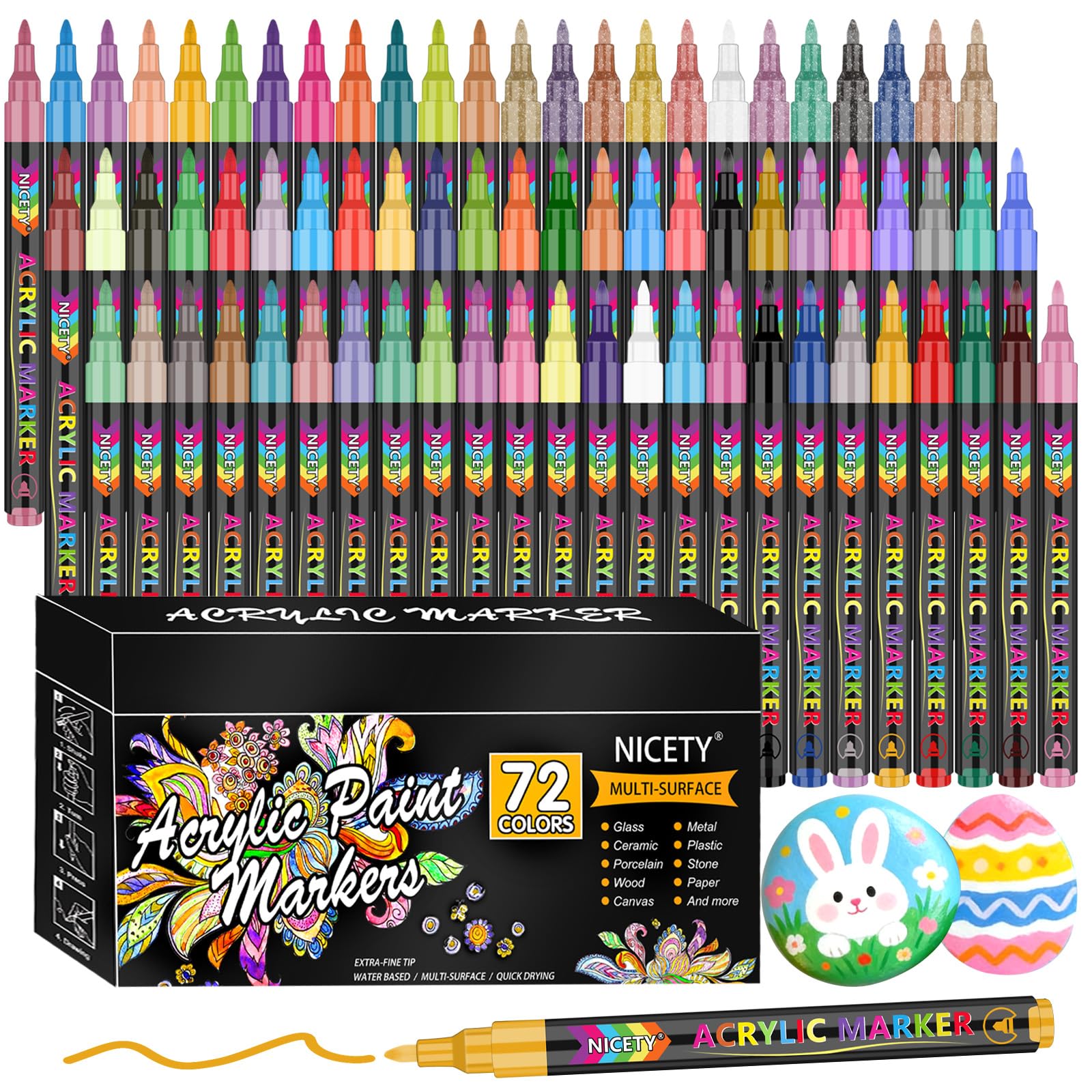 NICETY 72 Colors Acrylic Markers - Permanent Acrylic Marker Pens Colors for Fabric, Rock Painting, Stone, Wood, Clothes, 0.7mm Markers Paint Fine Tip for Adults and Kids Global Recycled Standard Global Recycled Standard Global Recycled Standard