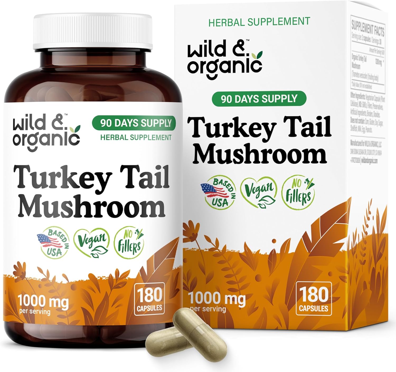 Wild & Organic Turkey Tail Mushroom Capsules 1000 mg - Immune Support - Turkey Tail Mushroom Powder Supplement - Coriolus Versicolor Mycelium Extract - Vegan, No Fillers, Non-GMO - 180 Count