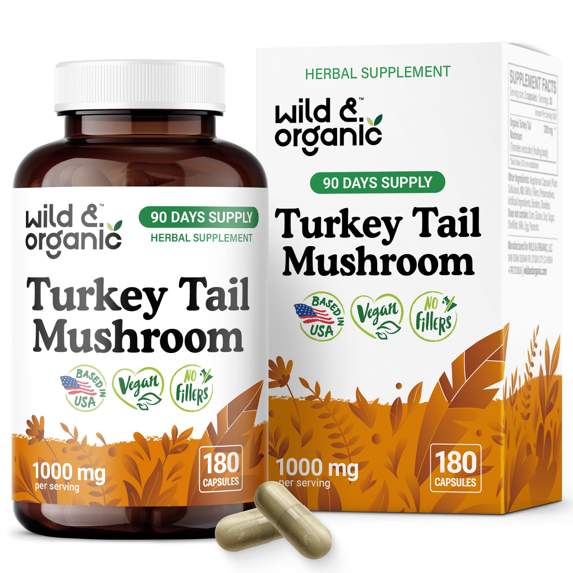Wild & Organic Turkey Tail Mushroom Capsules 1000 mg - Immune Support - Turkey Tail Mushroom Powder Supplement - Coriolus Versicolor Mycelium Extract
