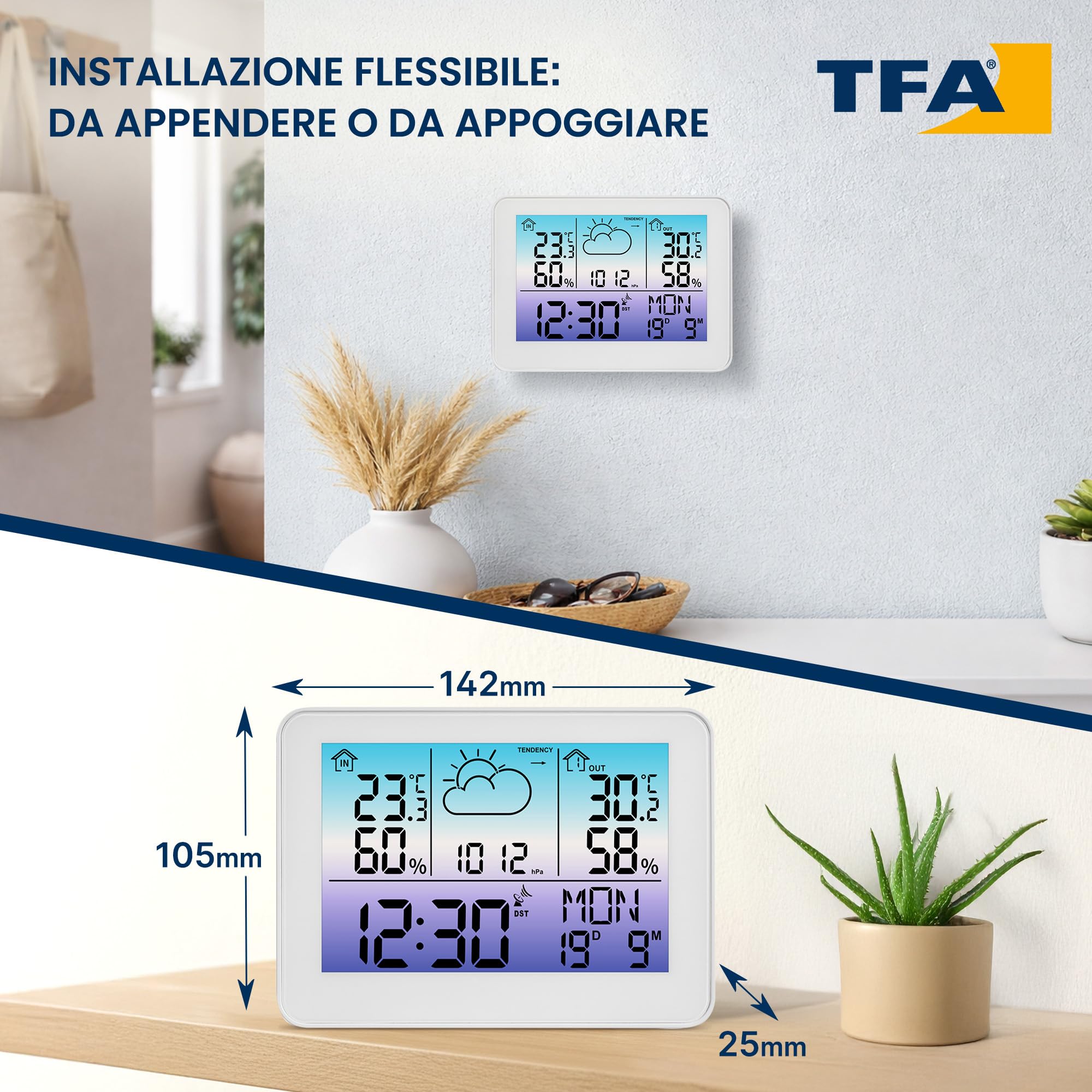 TFA Dostmann stazione meteo con sensore esterno METEO SKY, 35.1175.02, wifi, retroilluminazione colorata, termometro/umidità interna ed esterna, previsioni meteo con simboli, digitale, bianco