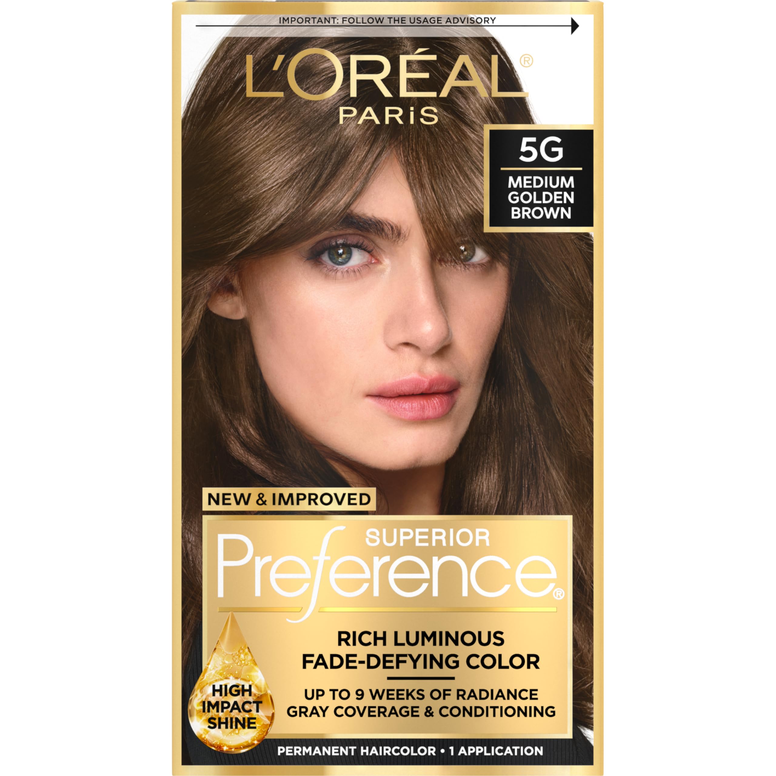 L'Oreal Paris Superior Preference Luminous Fade-Defying Permanent Hair Color, Hair Dye For Up to 9 Weeks of Radiance, Medium Golden Brown 5G, 1 Hair Dye Kit