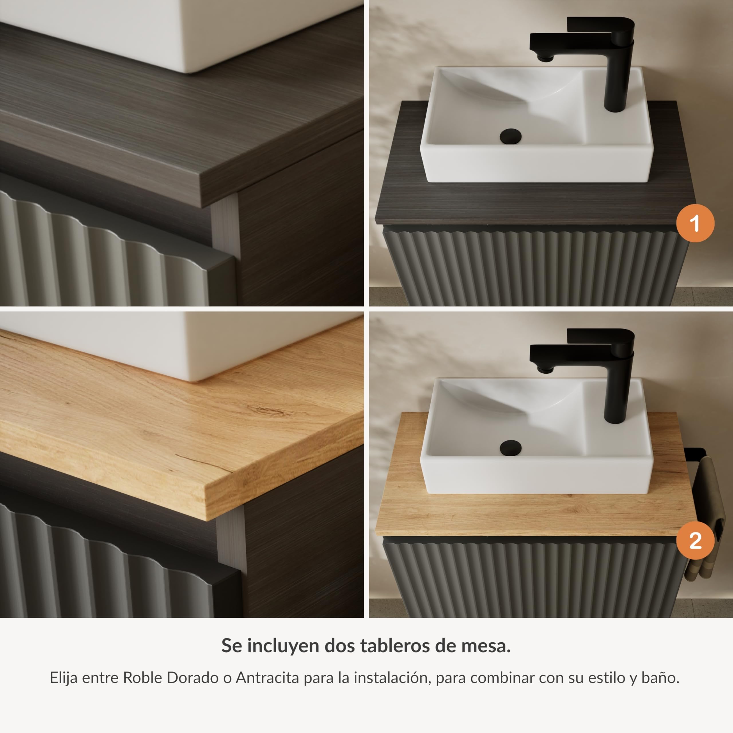 Planetmöbel Conjunto de muebles de baño Lavabo con mueble bajo 56 x 55 x 30 cm Antracita y roble dorado, espejo de baño con iluminación, 50 x 90 cm, espejo con marco, ovalado, 3 niveles de iluminación