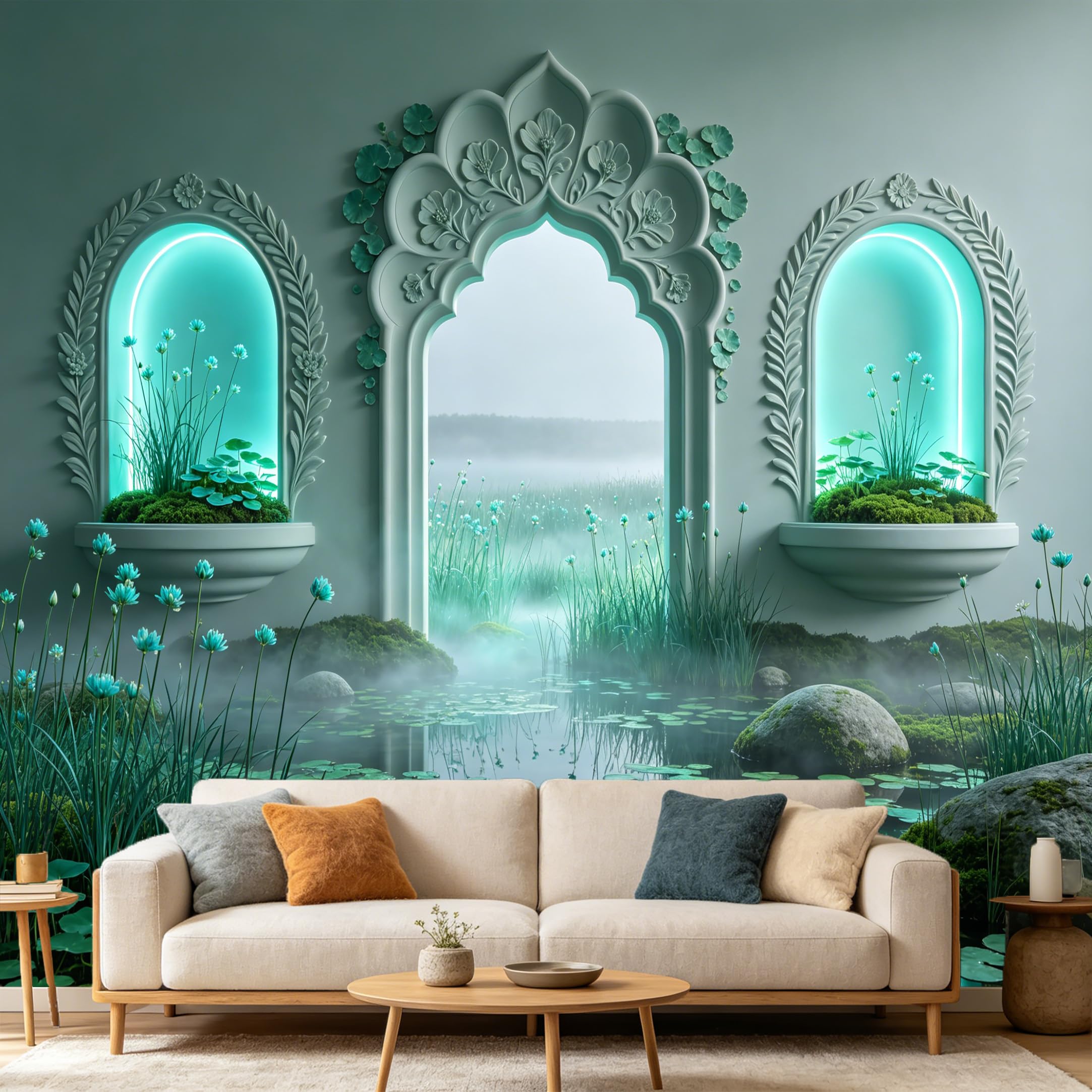 Custom Size Wall Mural， 3D Archway Pond Blue Flowers Minimalist Zen Landscape， SelfAdhesive Art Prints wall Fabric Removable Large Wallpaper Home Living Room Decor